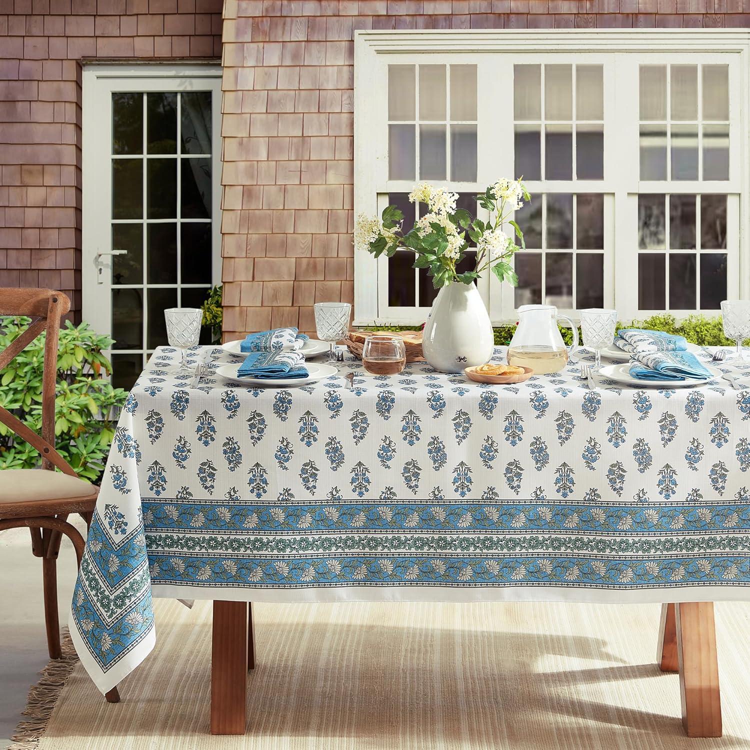 Tropez Block Print Stain & Water Resistant Indoor/Outdoor Tablecloth - Multicolor - 60x84 - Elrene Home Fashions