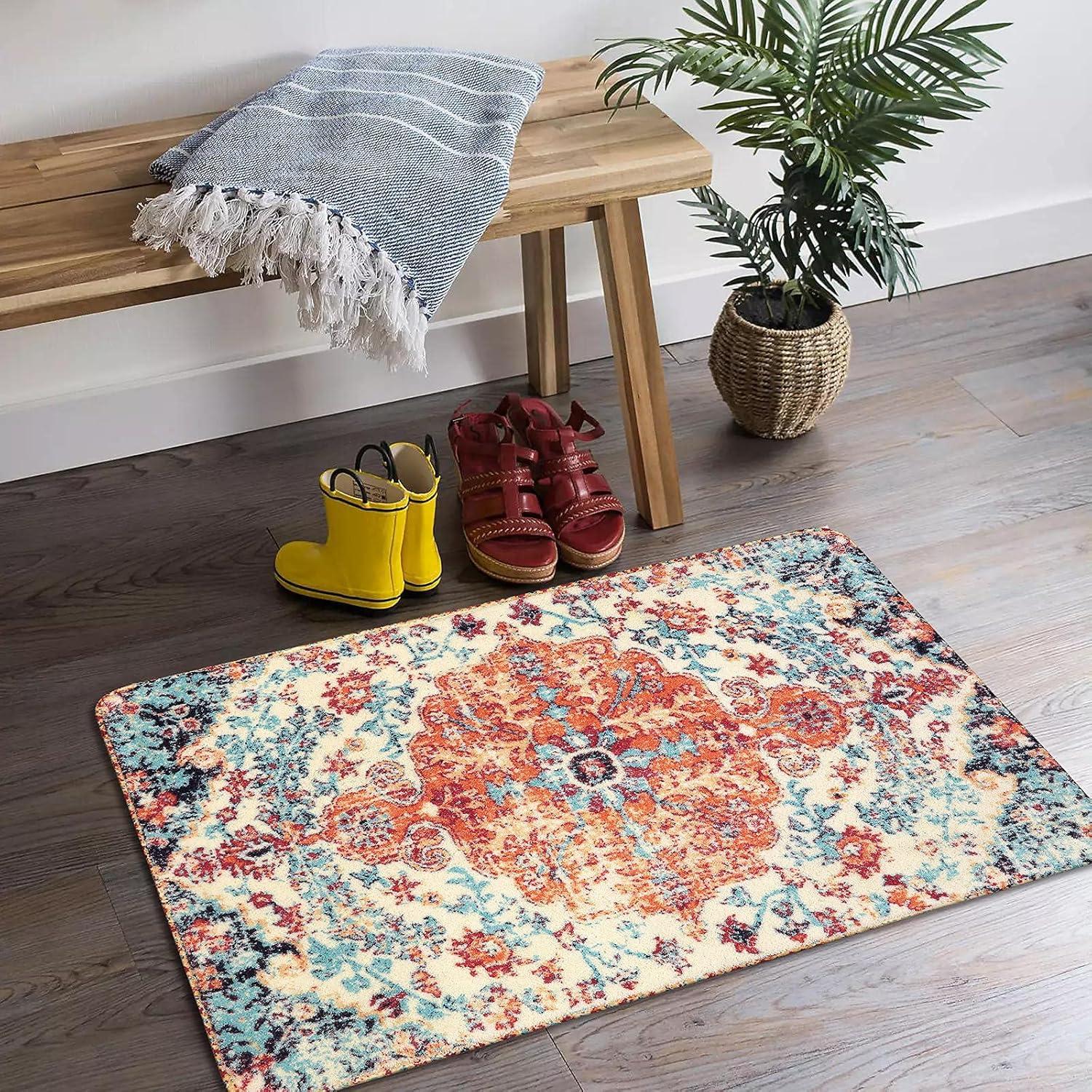 Moynesa 2'x3' Bohemian Area Rug, 2x3ft Small Boho Washable Bathroom Entryway Kitchen Rug,Floral Medallion Non Slip Pet Friendly Vintage Throw Carpet for Front Door Sink Living Room Bedroom, Orange