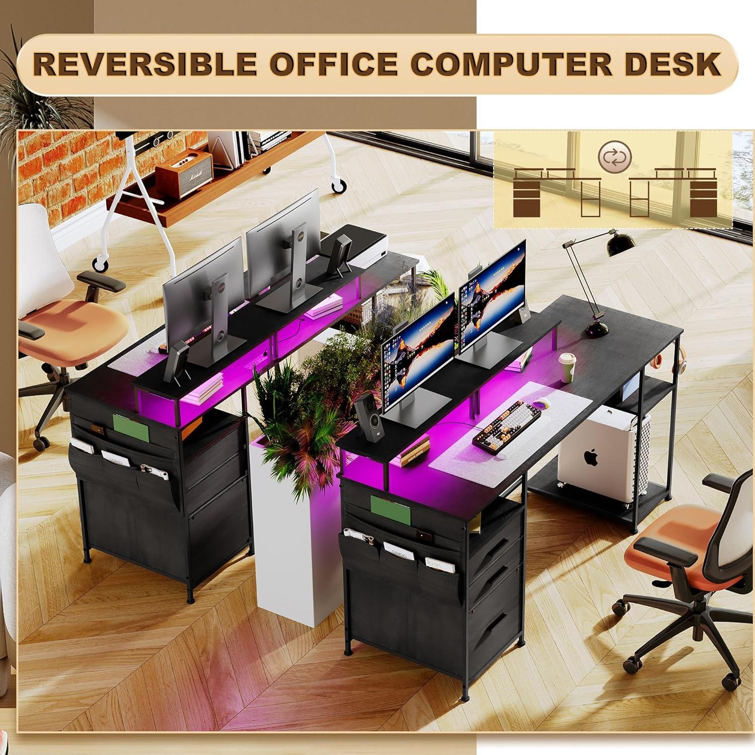 Computer Desk with 3 File Cabinet Drawers, 57.8'' Reversible Gaming Desk with LED Lights and Power Outlets, Office Desk with Storage Shelves and Dual Monitor Stand for Home & Office (Black)