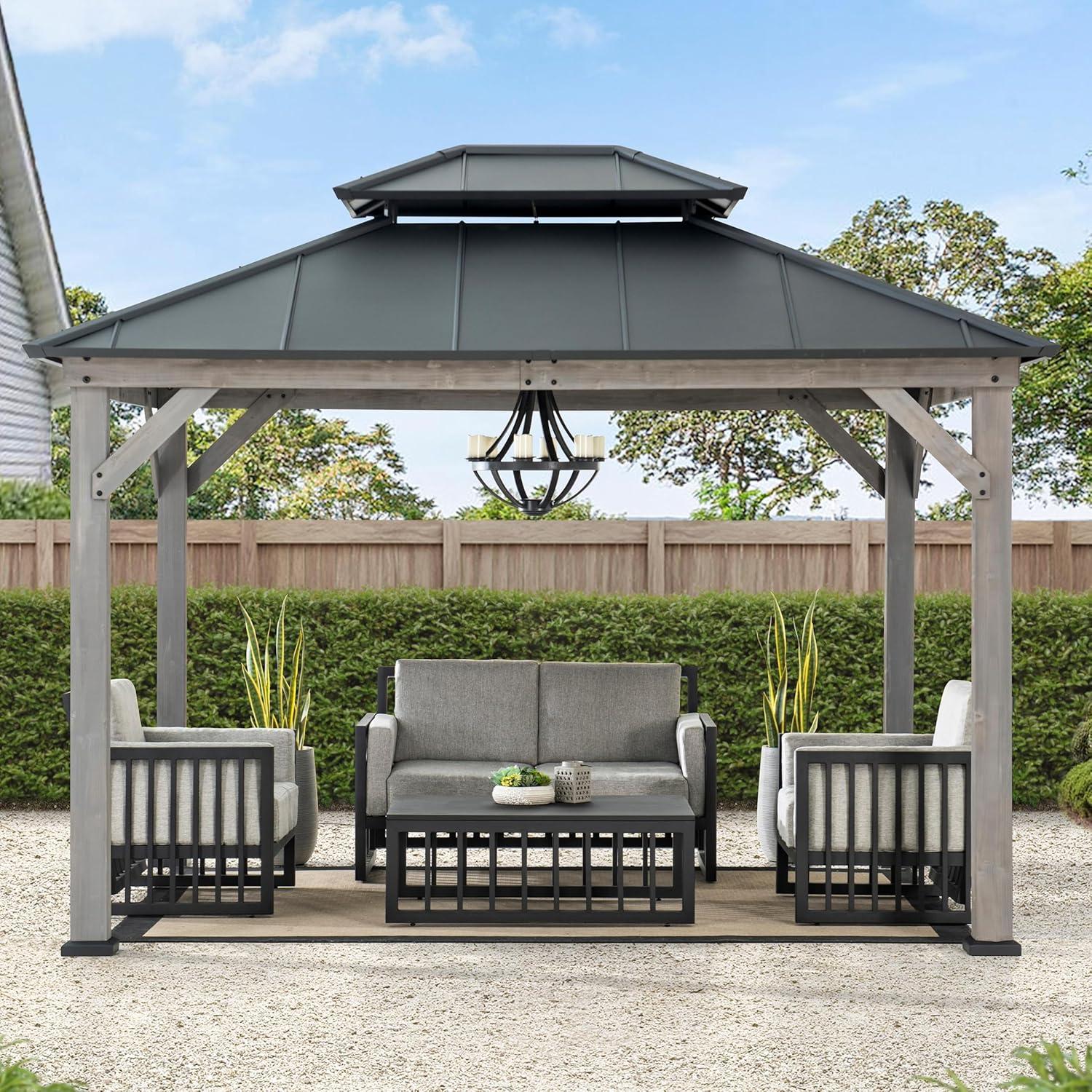 Sunjoy Sunjoy 12x20 ft. Wood Gazebo, Outdoor Patio Steel Hardtop Gazebo with 2-tier Metal Roof, Suitable for Patios, Lawn and Backyard, Matte Black Roof