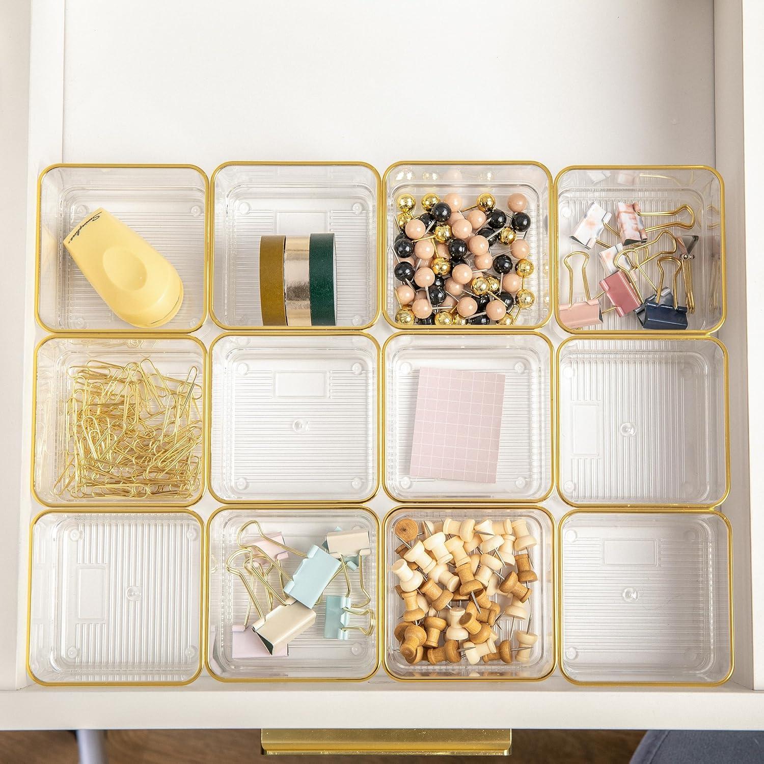 Martha Stewart Clear Plastic Stackable Desk Drawer Organizers with Gold Trim, 3" x 3", 12 Pack