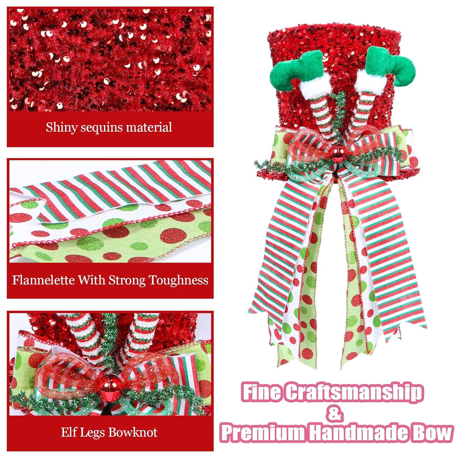 Matoen Christmas Tree Topper Hat, Large Red Velvet Hat with Elf Legs and Lengthened Bowknot Christmas Tree Decorations Tabletop Ornaments for Holiday Home Decor