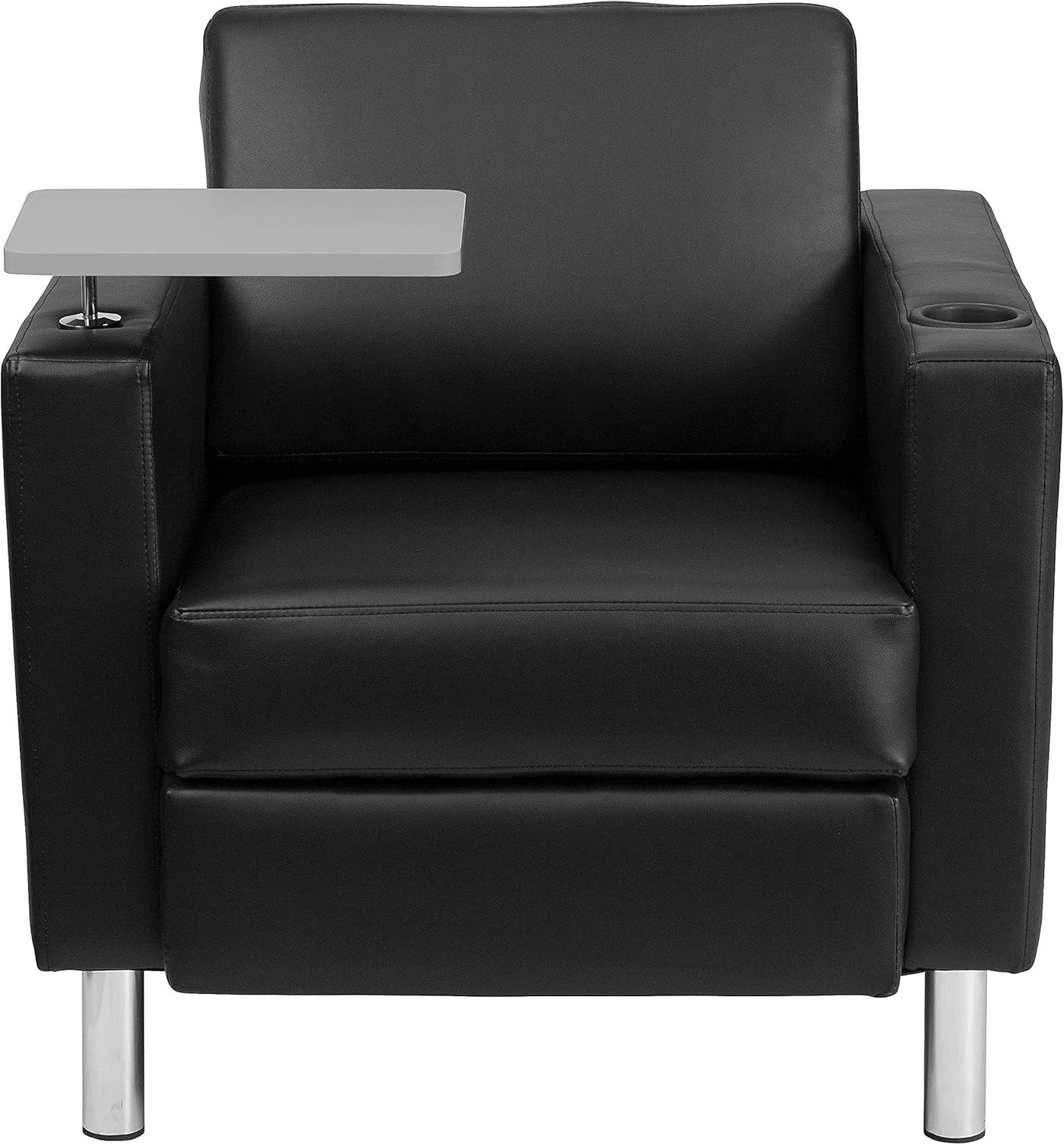 Flash Furniture George Black LeatherSoft Guest Chair with Tablet Arm, Tall Chrome Legs and Cup Holder