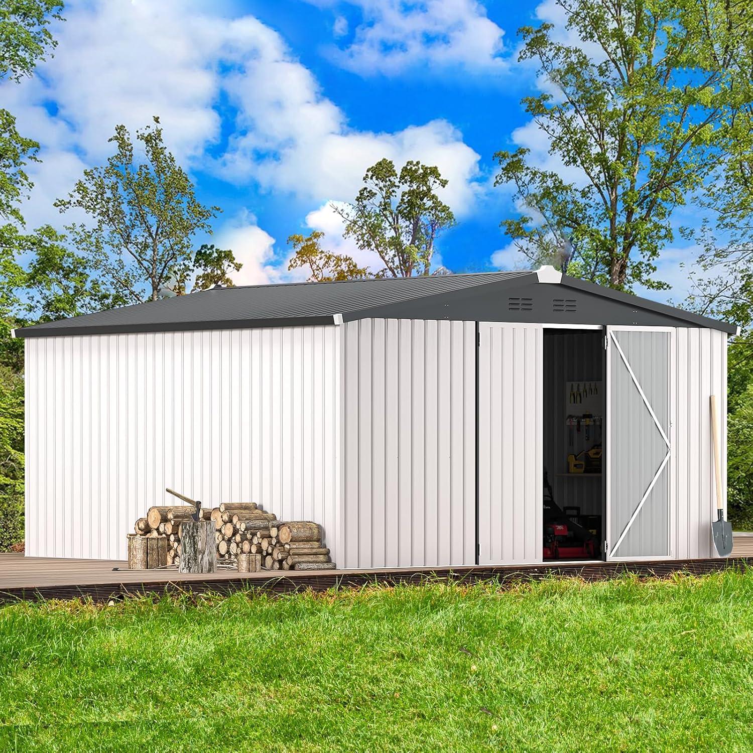 AECOJOY 12' x 12' Outdoor Storage Shed with Lockable Door Patio Metal Garden Storage Building in White for Outside