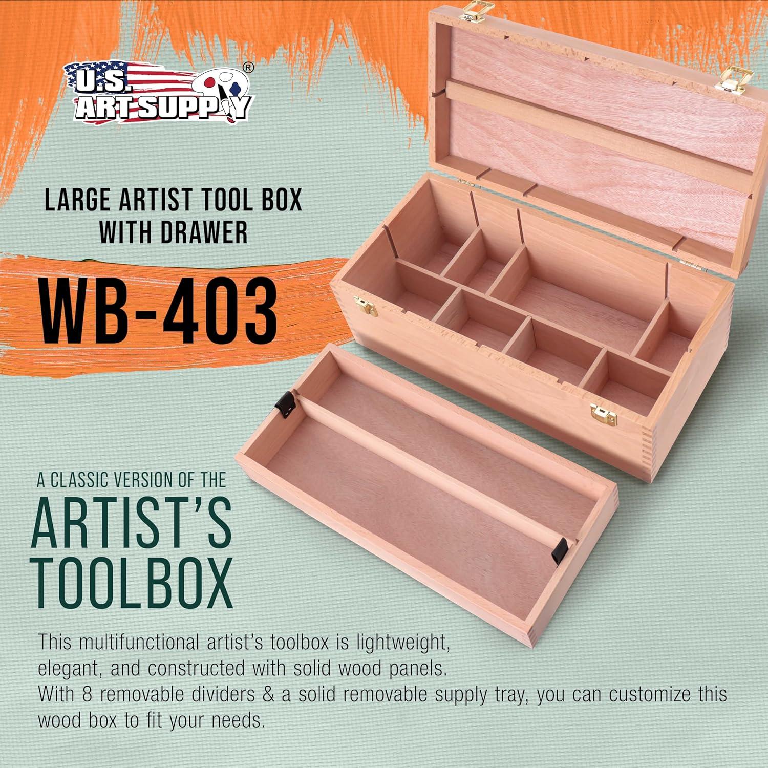 U.S. Art Supply Multi-Function Unfinished Beechwood Artist Tool Storage Box with Removable Tray & Locking Clasps - Protect and Organize and Transport Paints, Pencils, Tools & Supplies