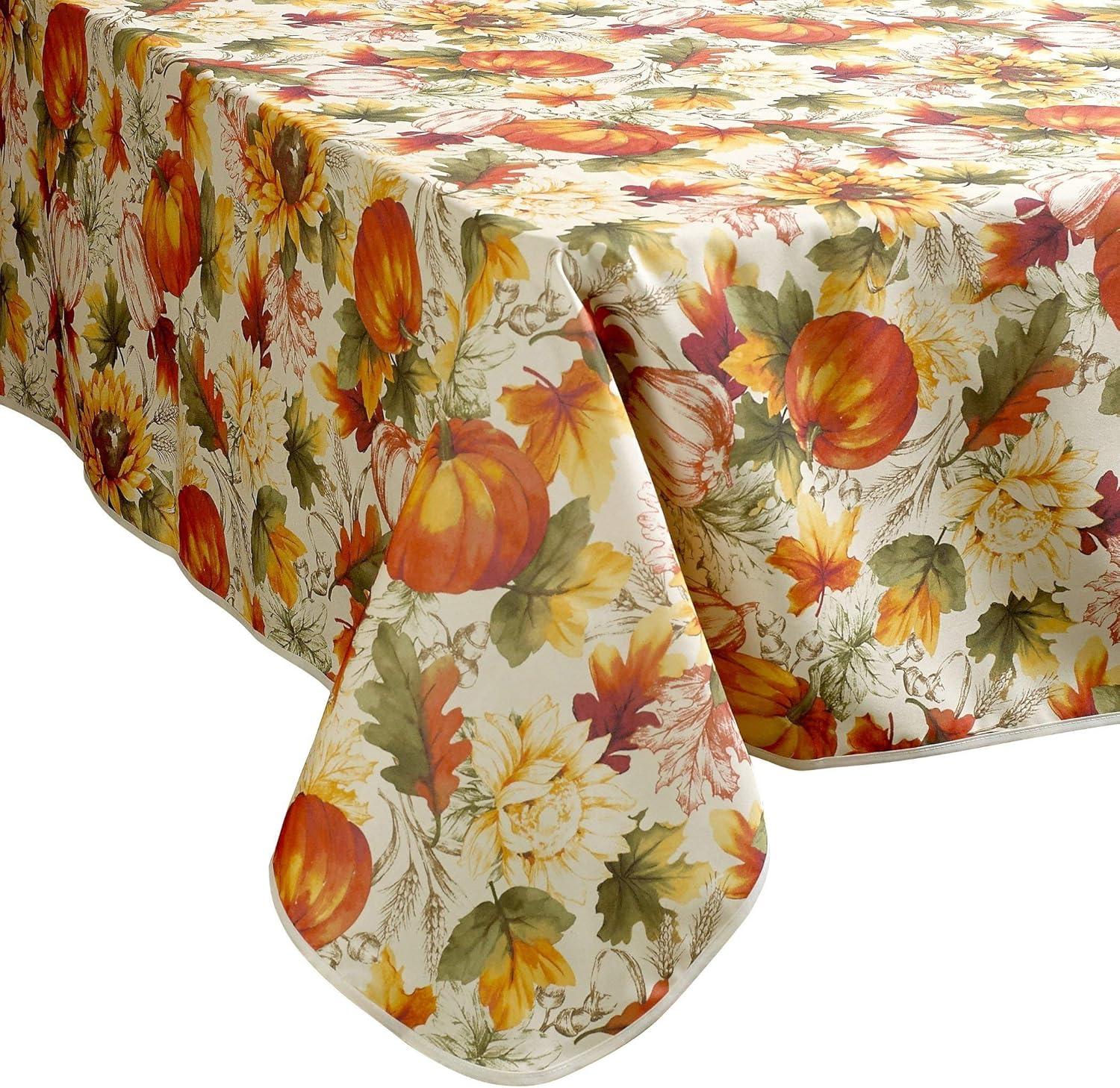 European Fall Harvest Pumpkins and Autumn Leaves Printed Tablecloth - 60" x 84"