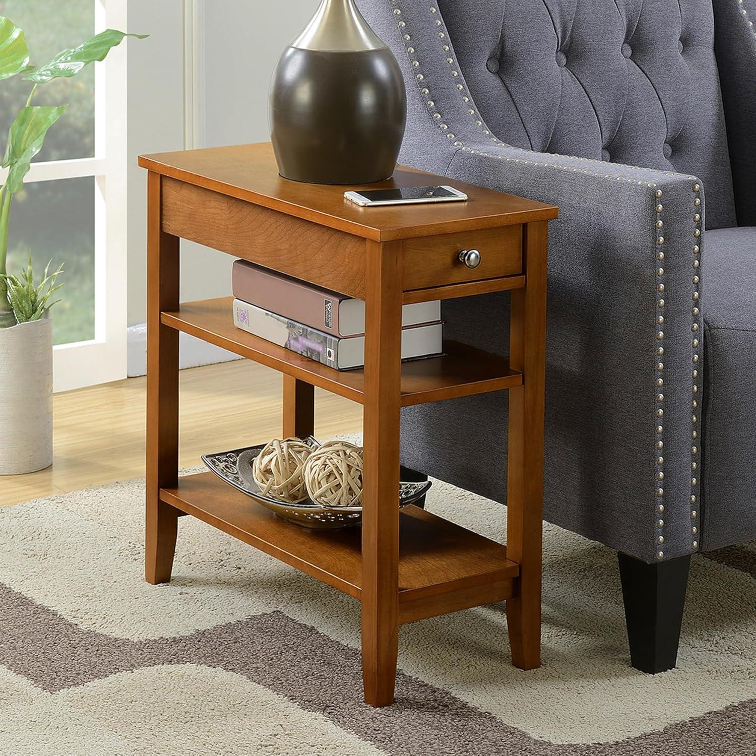 Convenience Concepts American Heritage 1 Drawer Chairside End Table with Shelves, Light Walnut
