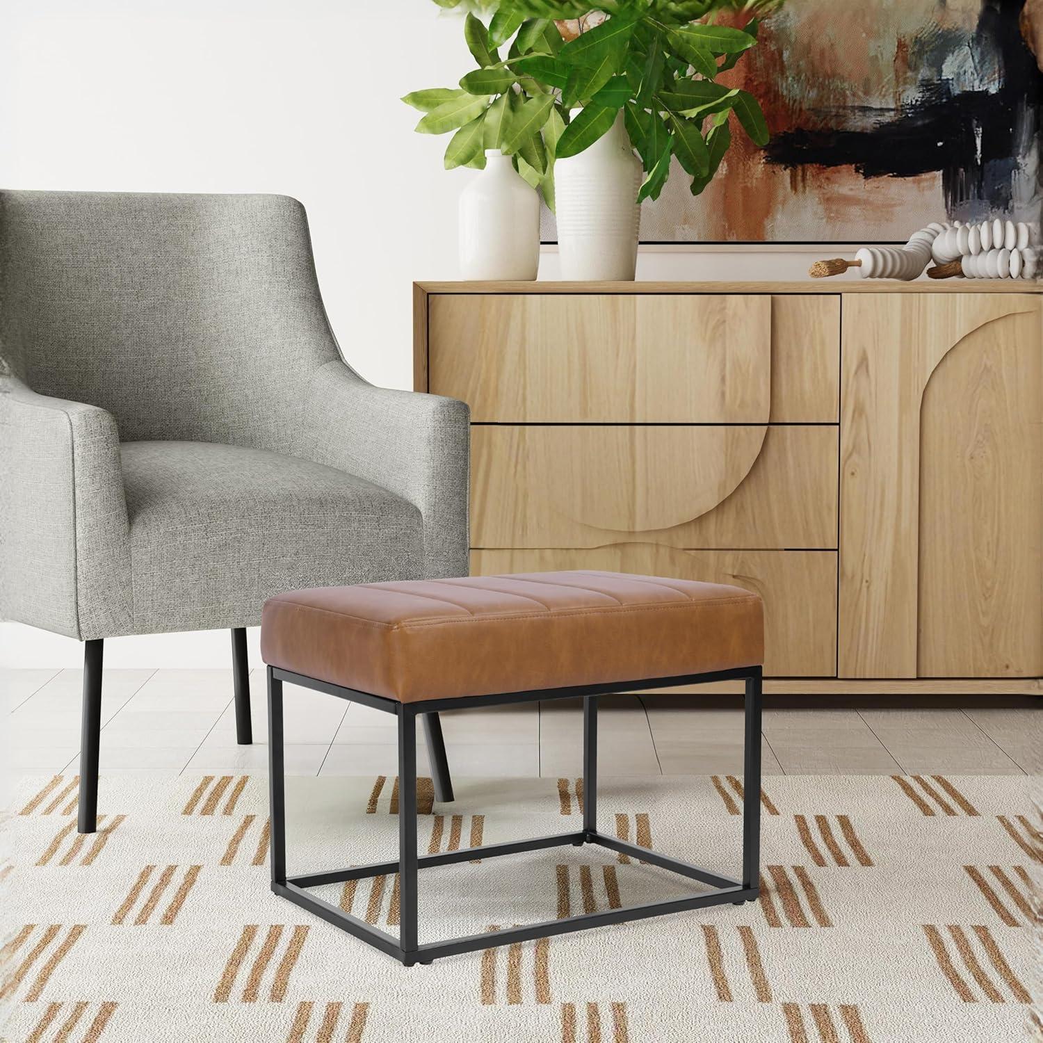 HomePop Theodore Channel Tufted Small Ottoman - Carmel Faux Leather