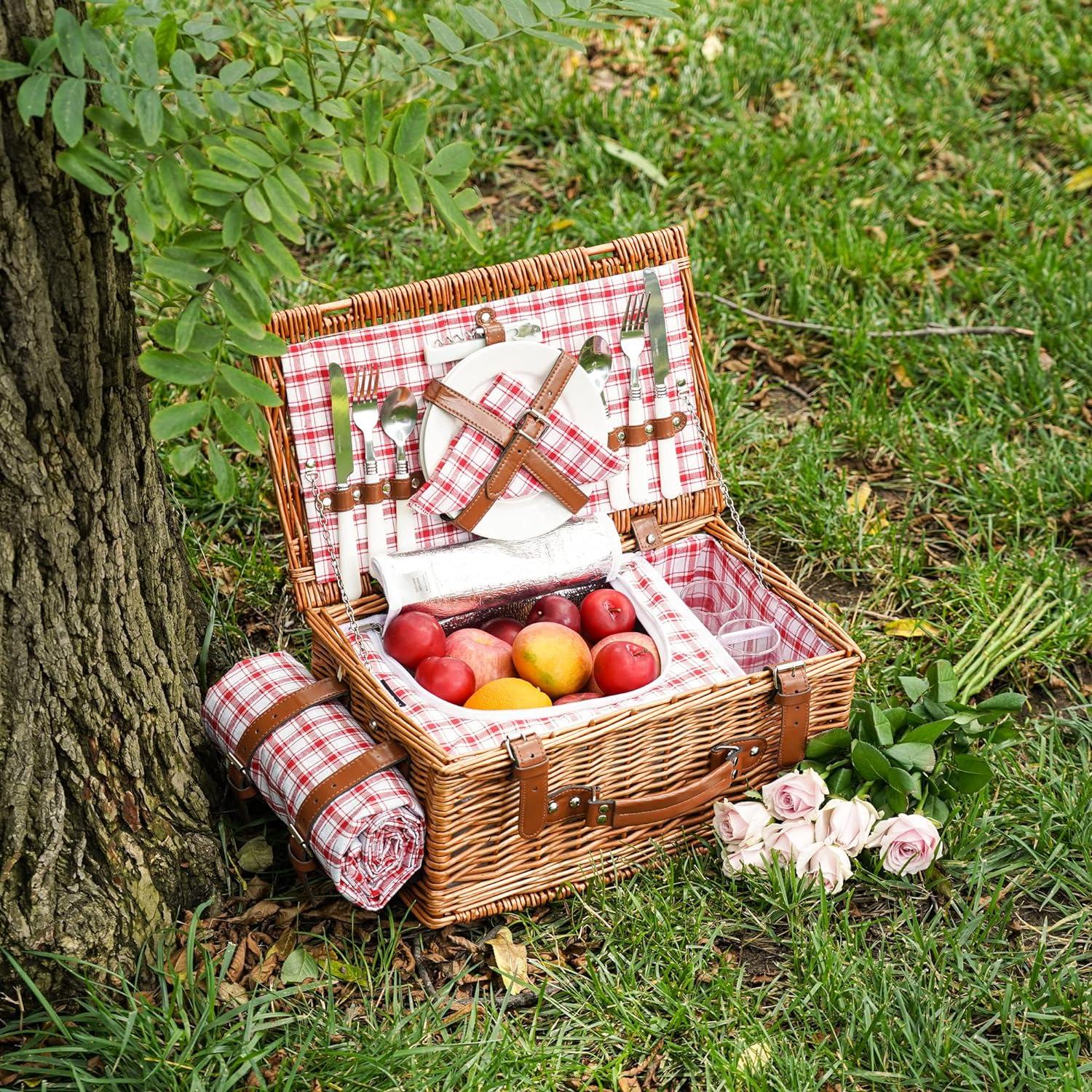 Red Checkered Wicker Picnic Basket with Insulated Compartment