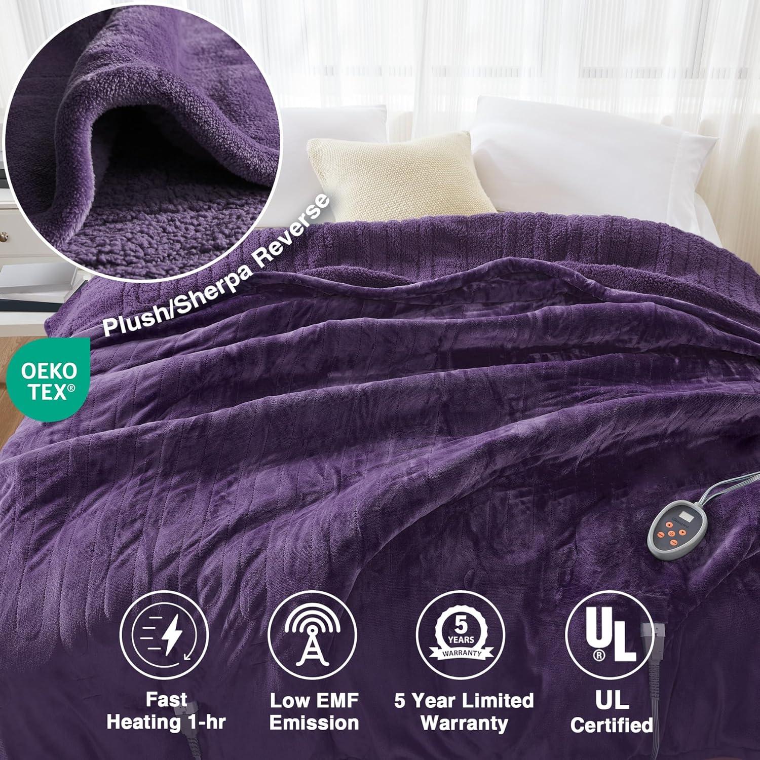 Beautyrest Electric Blanket, Soft, Warm, Reversible Plush - Sherpa Heating Blanket with 20 Heat Settings, 1-10 hrs Timer Auto Shut Off, Machine Washable, Full (84 inx80 in), Purple