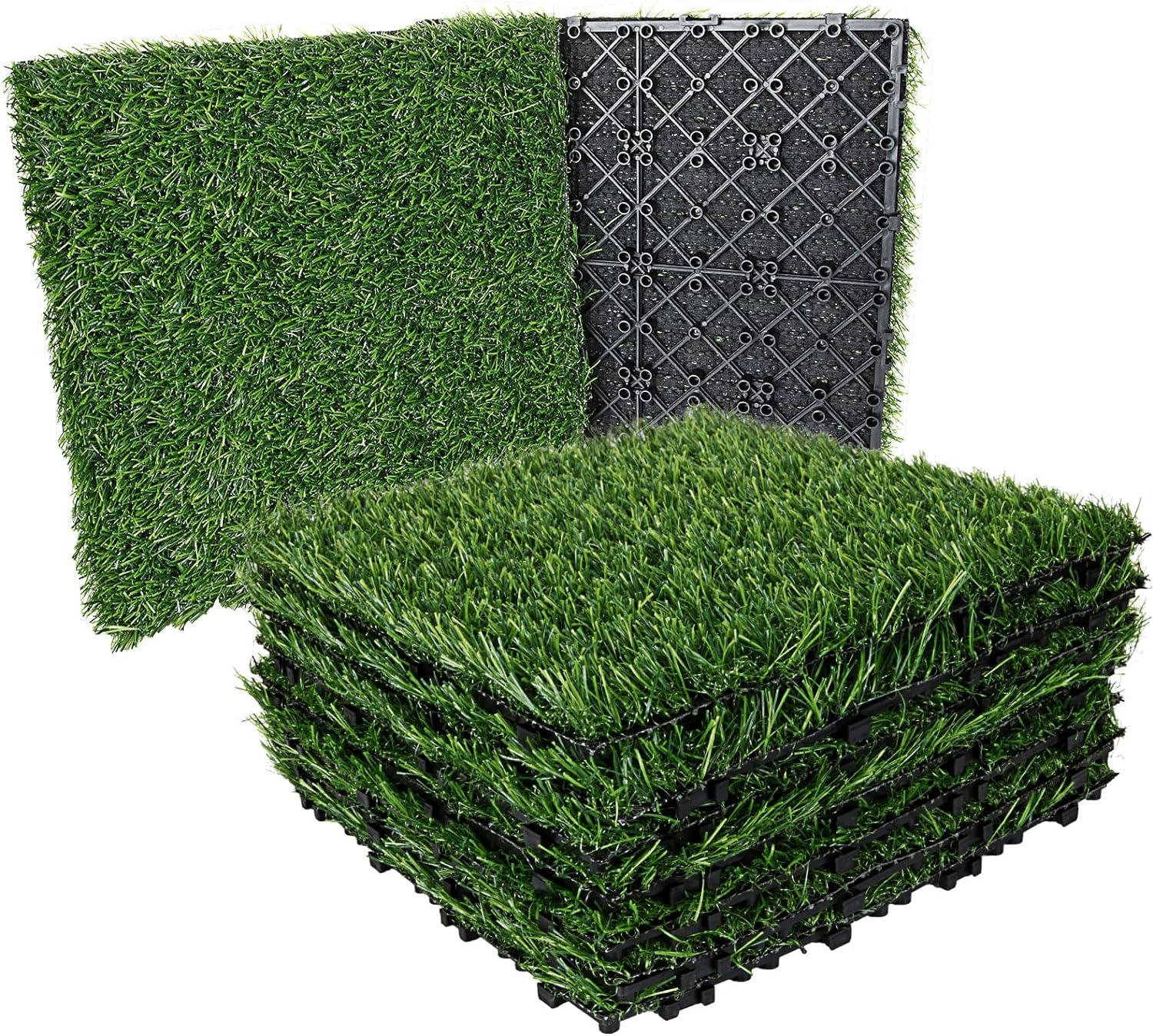 12" x 12" Interlocking Green Artificial Grass Tiles, 9-Pack