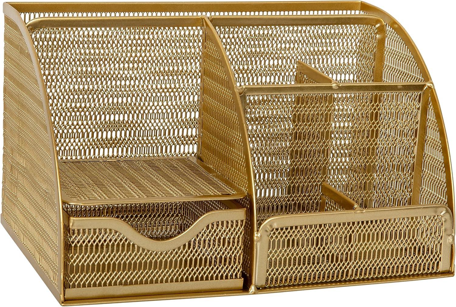 Martha Stewart Ryder Gold Mesh Metal Small Desktop Organizer for Office Accessories, Notebooks, Pen Holder and Drawer