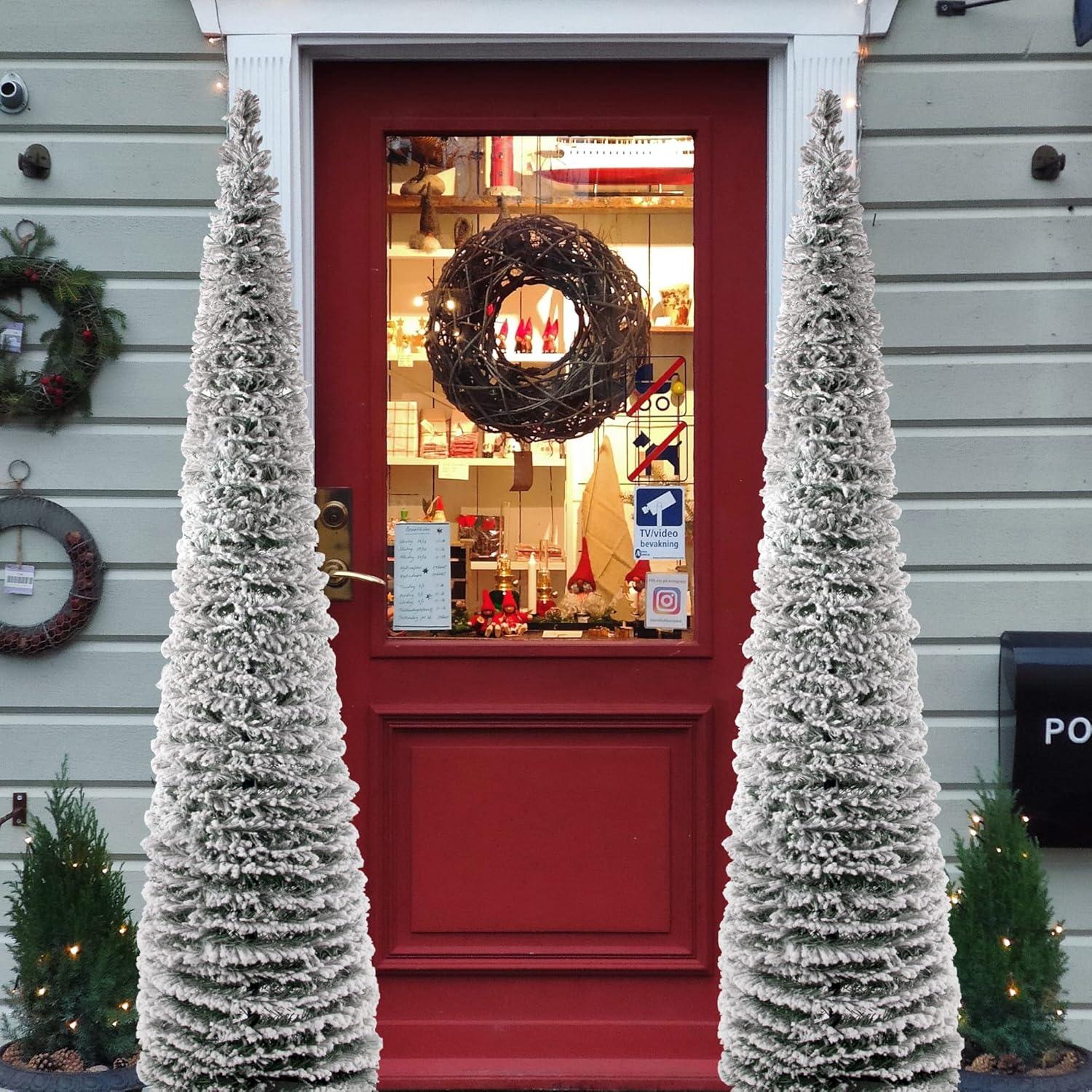 Ayieyill 5FT Pop up Christmas Tree, Snow Flocked Collapsible Christmas Tree White Flocked Pencil Pine Tree for Holiday Christmas Decorations Indoor Outdoor