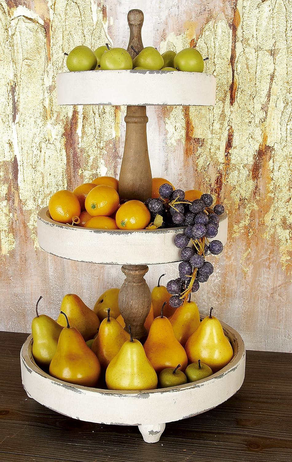 Distressed White and Brown Wood 3-Tier Round Serving Tray