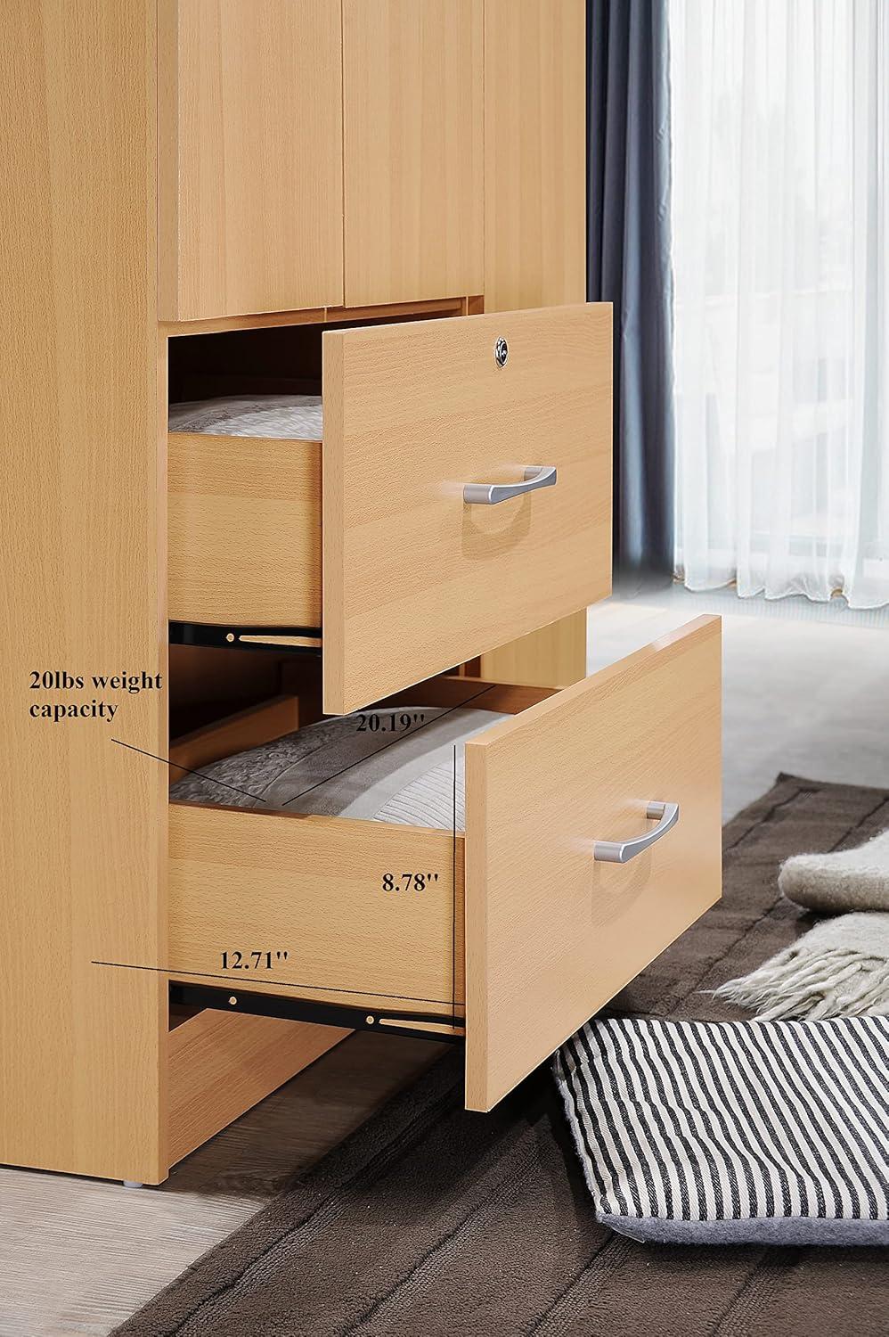 Hodedah 3 Door Armoire with 2 Drawers 3 Shelves in Beige Wood