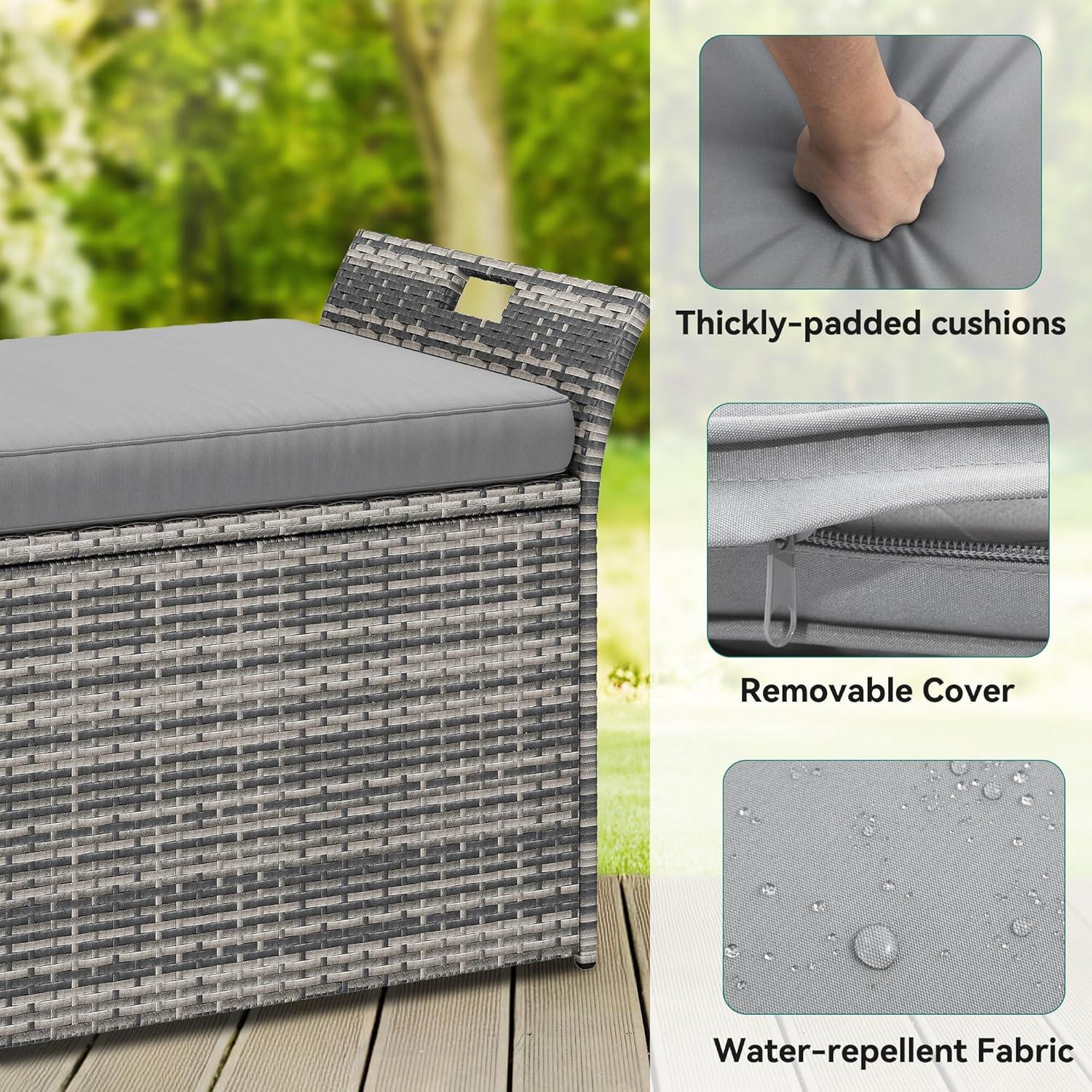 Gray Wicker and Polyethylene Outdoor Storage Bench with Cushion