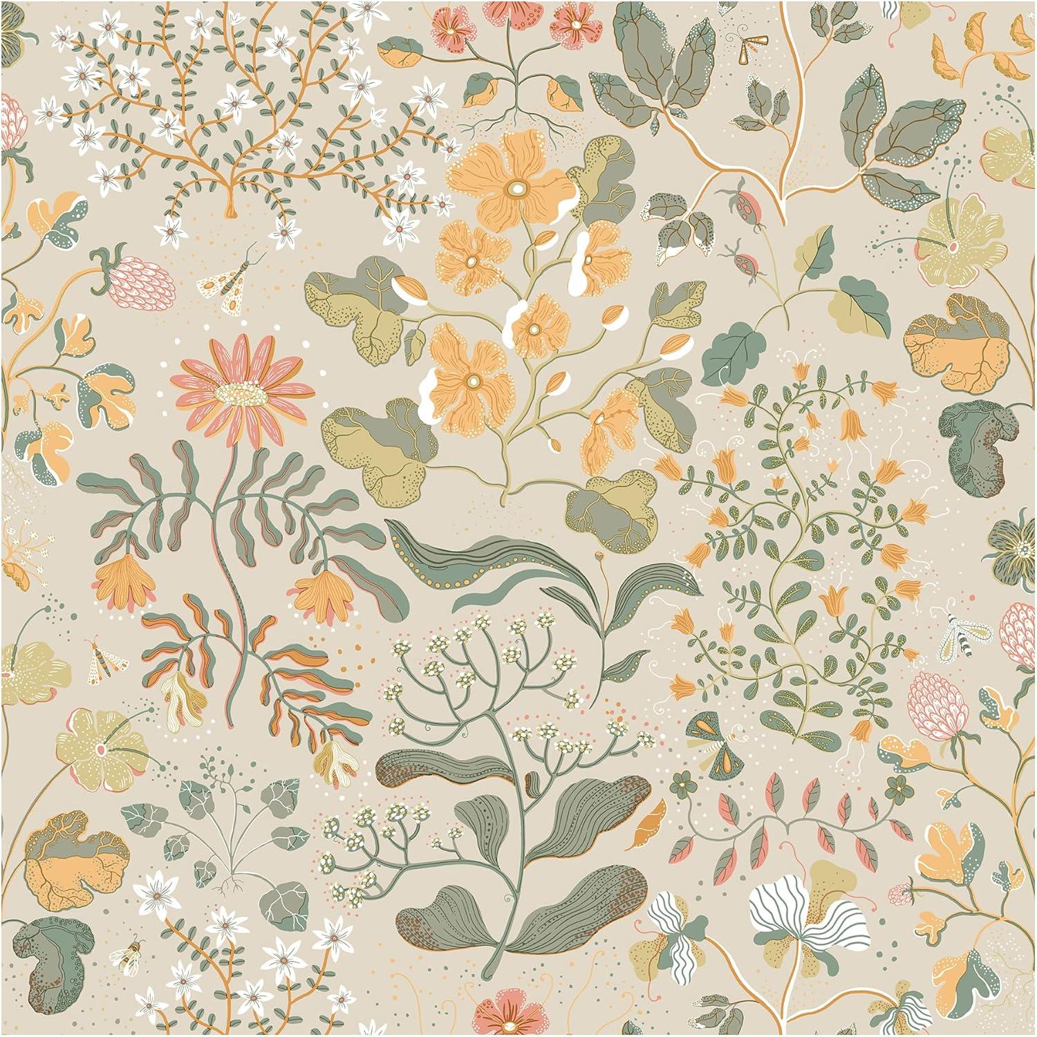 Apricot and Teal Scandinavian Floral Non-Woven Wallpaper Roll