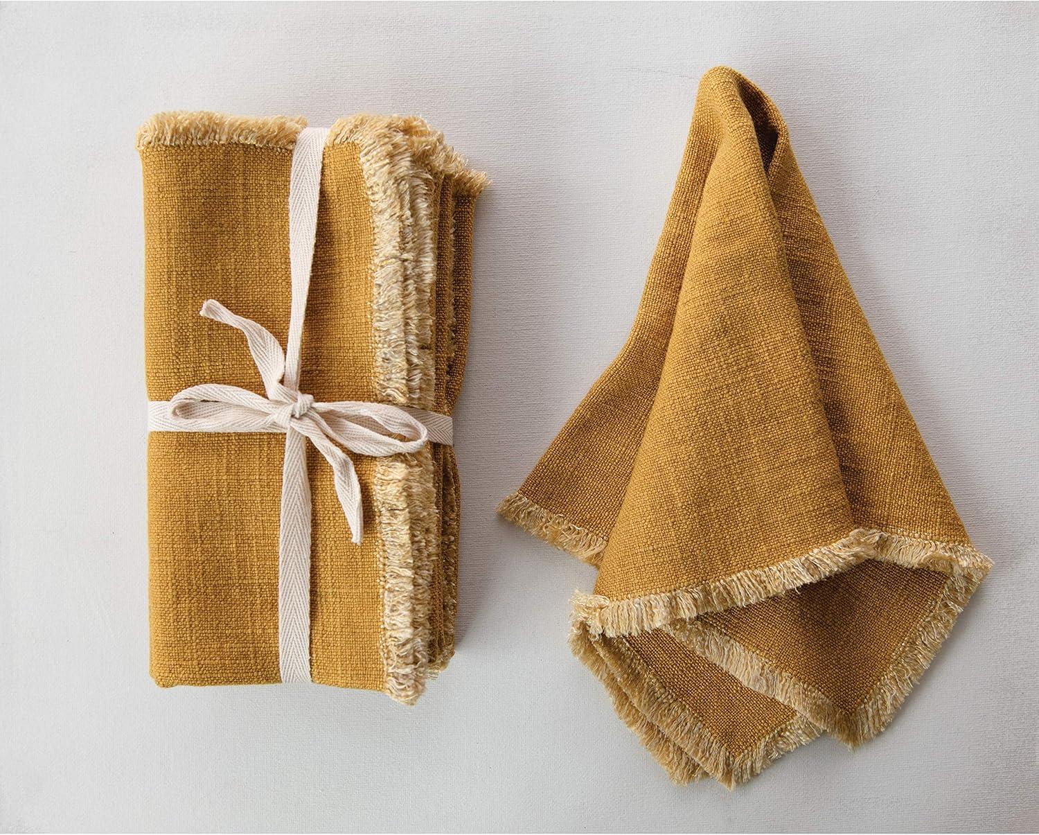 Creative Co-Op Mustard Square Linen Blend Fringe Trim (Set of 4) Napkin