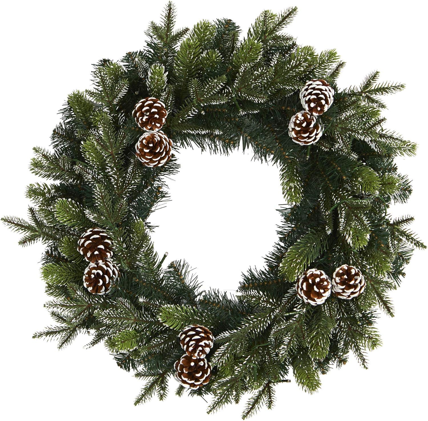 Nearly Natural 24” Snowed Pinecone Artificial Christmas Wreath with 35 Clear LED Lights