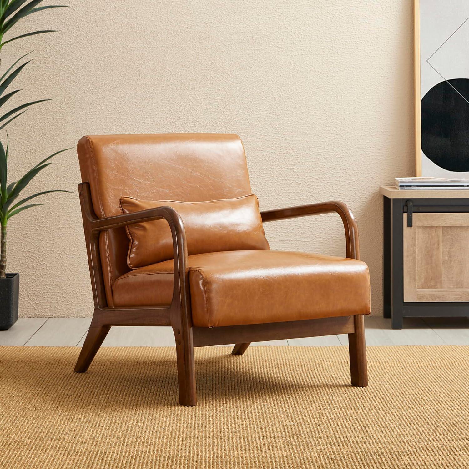 Mid-Century Modern Leatherette Arm Accent Chair Walnut Rubberwood Frame Tan - Glitzhome: Upholstered, Durable, for Office & Home