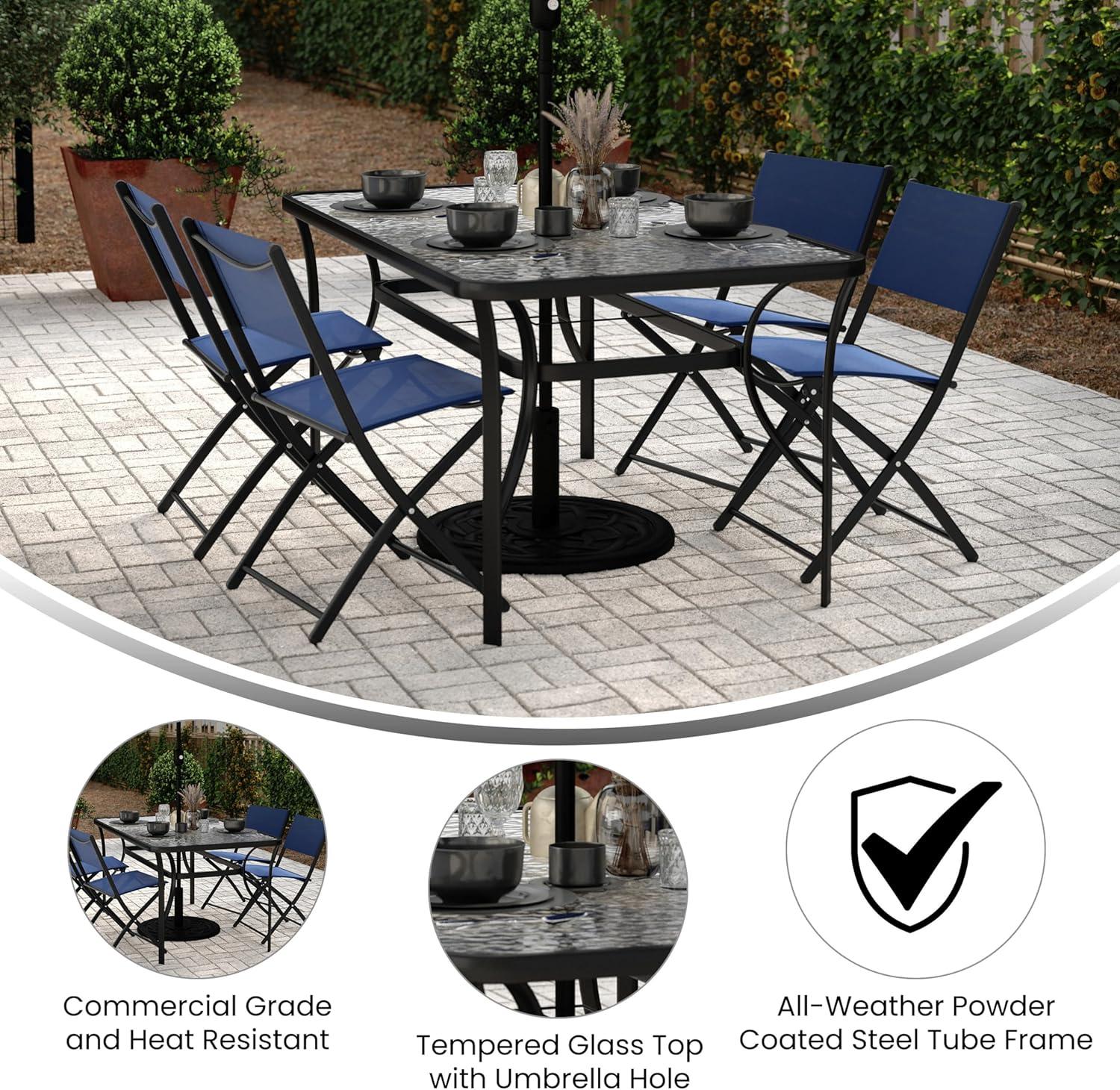 Flash Furniture Tory Commercial Grade 35" x 59" Rectangular Patio Table with Tempered Glass Top with Umbrella Hole and Steel Tube Frame in Black