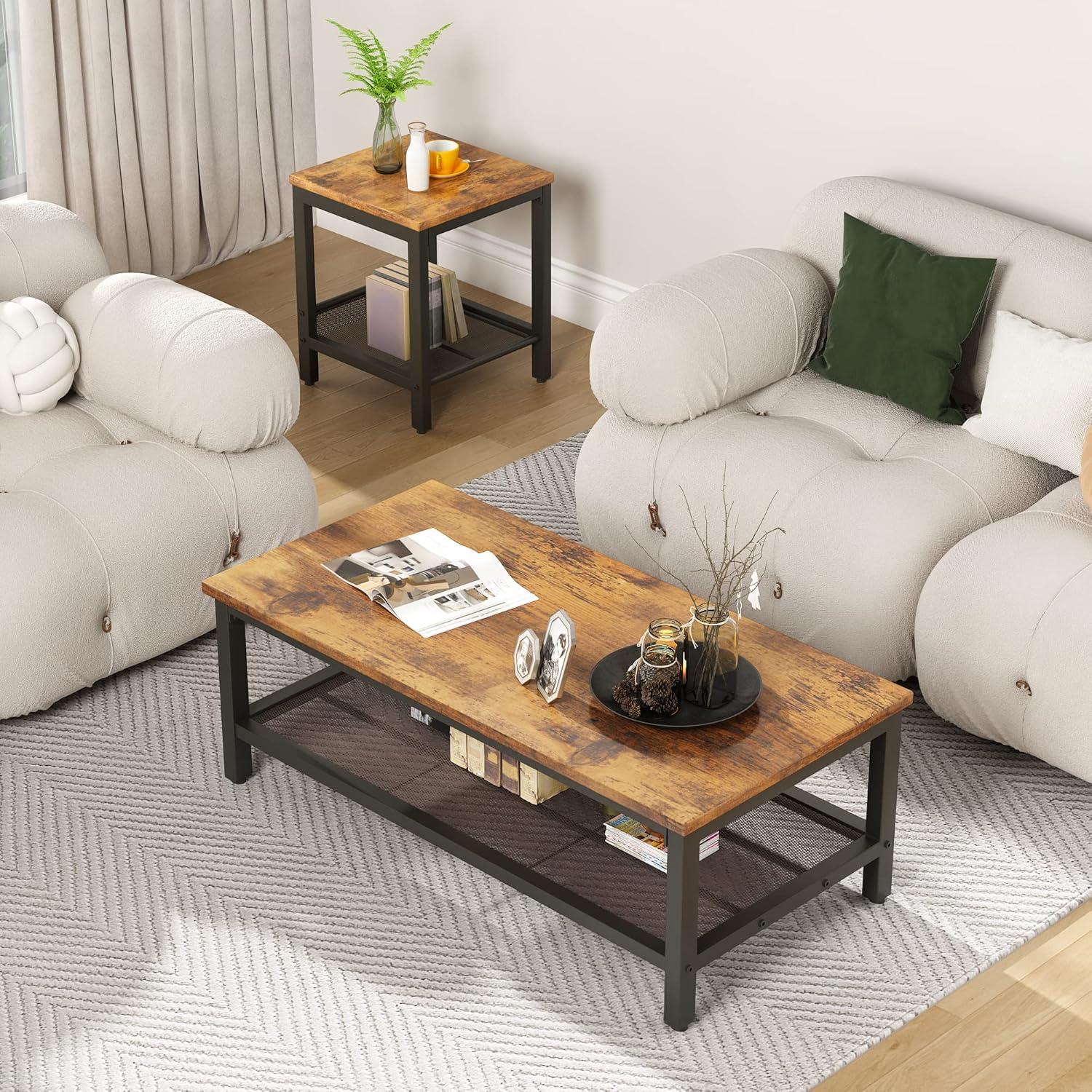 AWQM Coffee Table Set of 3, Industrial Coffee Table with 2 Square End Side Tables, Modern Living Room Table Set with Metal Frame for Apartment Home Office, Rustic Brown