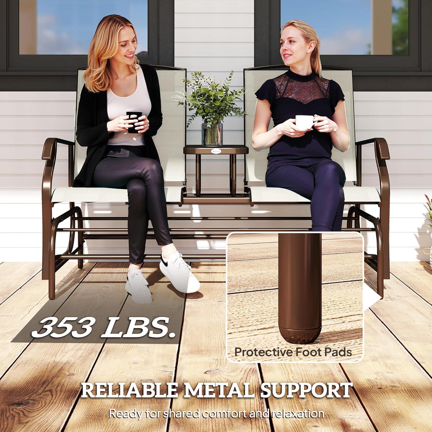 YYAo Outdoor Swing Rocker Glider Chair, Rocking Lounge Chair,Outdoor Glider Bench with Center Table,Patio Loveseat with Armrests, Beige