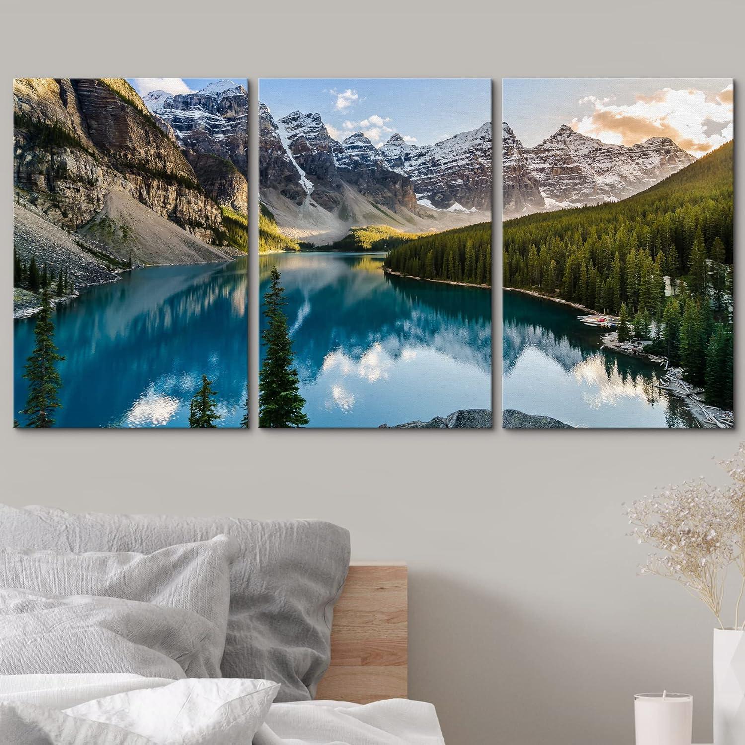 wall26 - 3 Piece Canvas Wall Art - Landscape View of Moraine Lake and Mountain Range at Sunset in Canadian Rocky Mountains - Modern Home Art Stretched and Framed Ready to Hang - 16"x24"x3 P