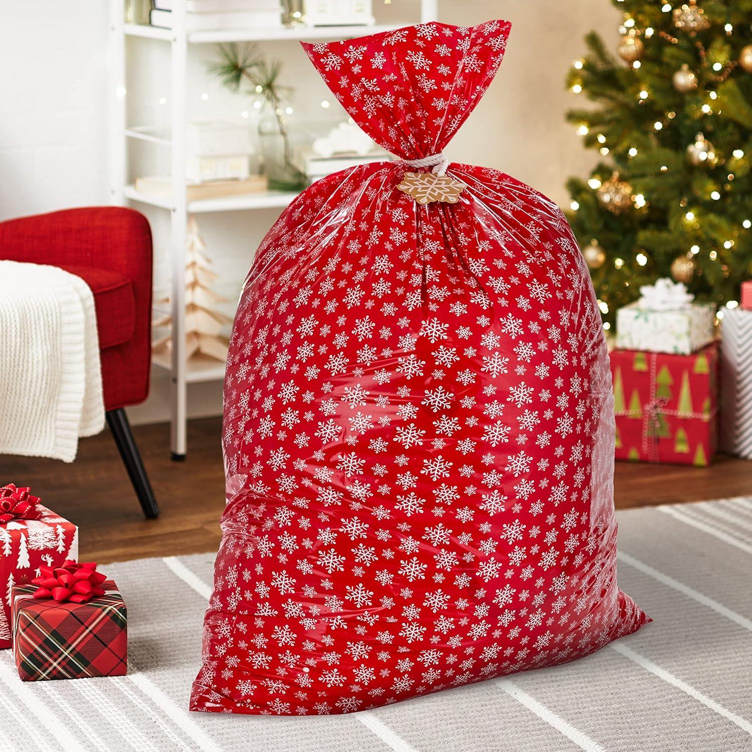 Hallmark Jumbo Plastic Holiday Gift Bags (2 Bags: Snowflakes on Red, Rustic Snowmen) for Carry-on Luggage, Giant Stuffed Animals, Bedding Sets