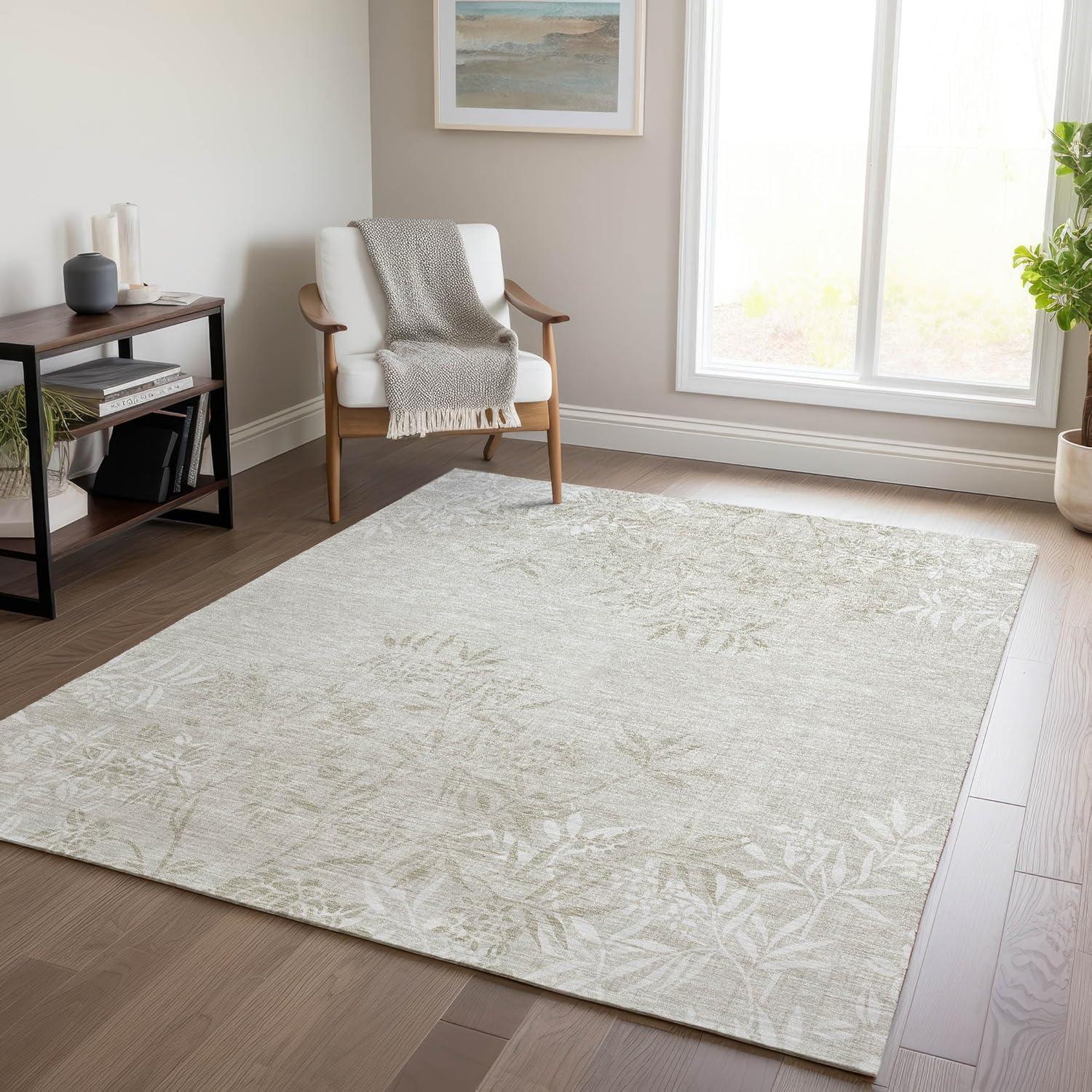 Beige Floral 10' x 14' Machine-Washable Indoor/Outdoor Area Rug