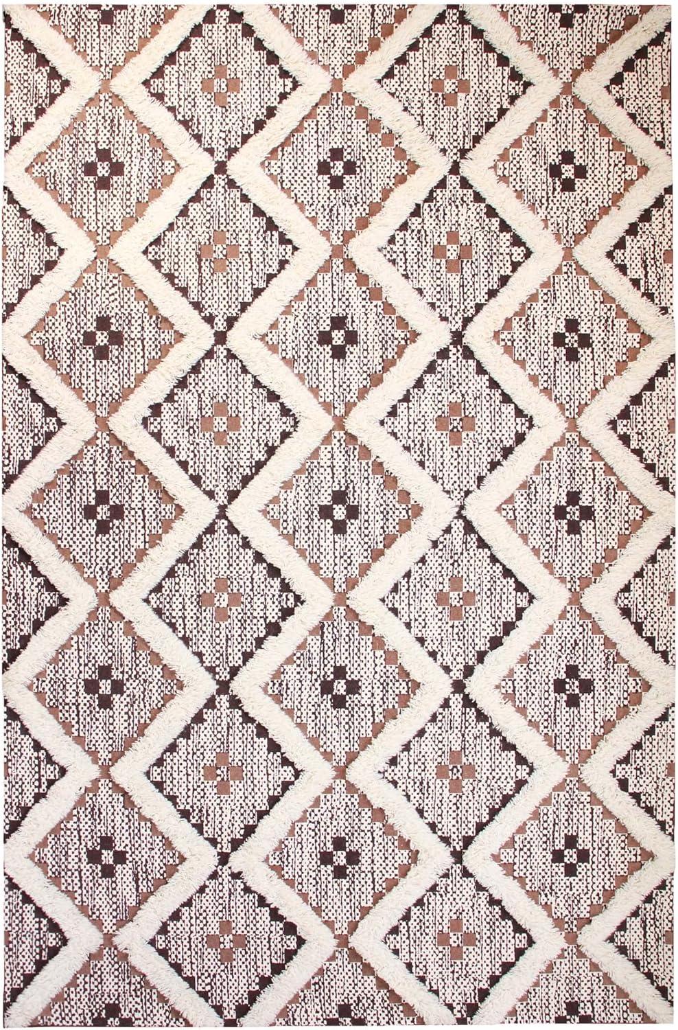 Superior Evren Hand-Tufted Cotton/Wool Textured Geometric Tan/Chocolate Farmhouse Area Rug, 6' x 9'