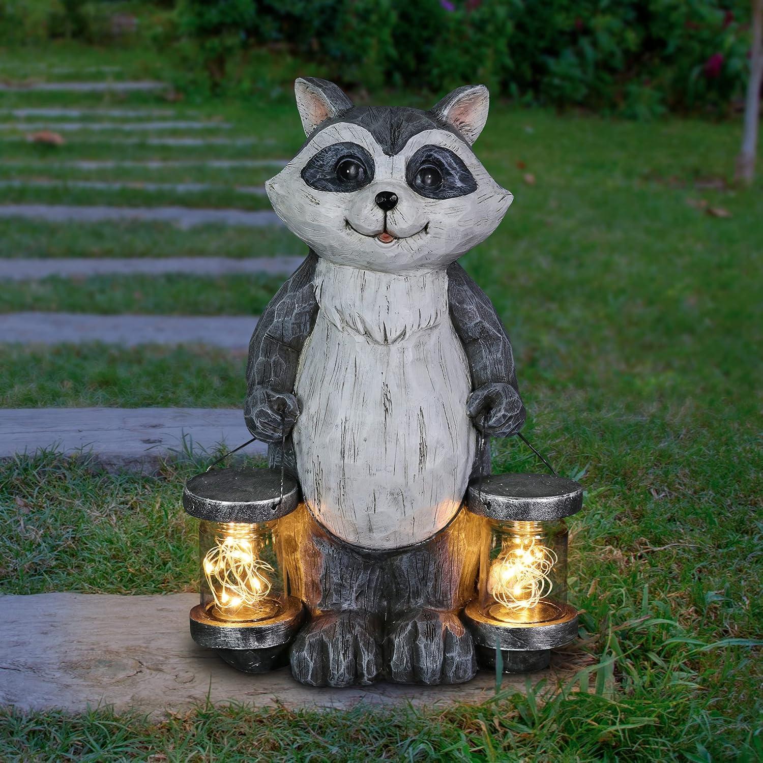 Exhart Solar Firefly Jar Raccoon Garden Statuary, 10 Inches tall