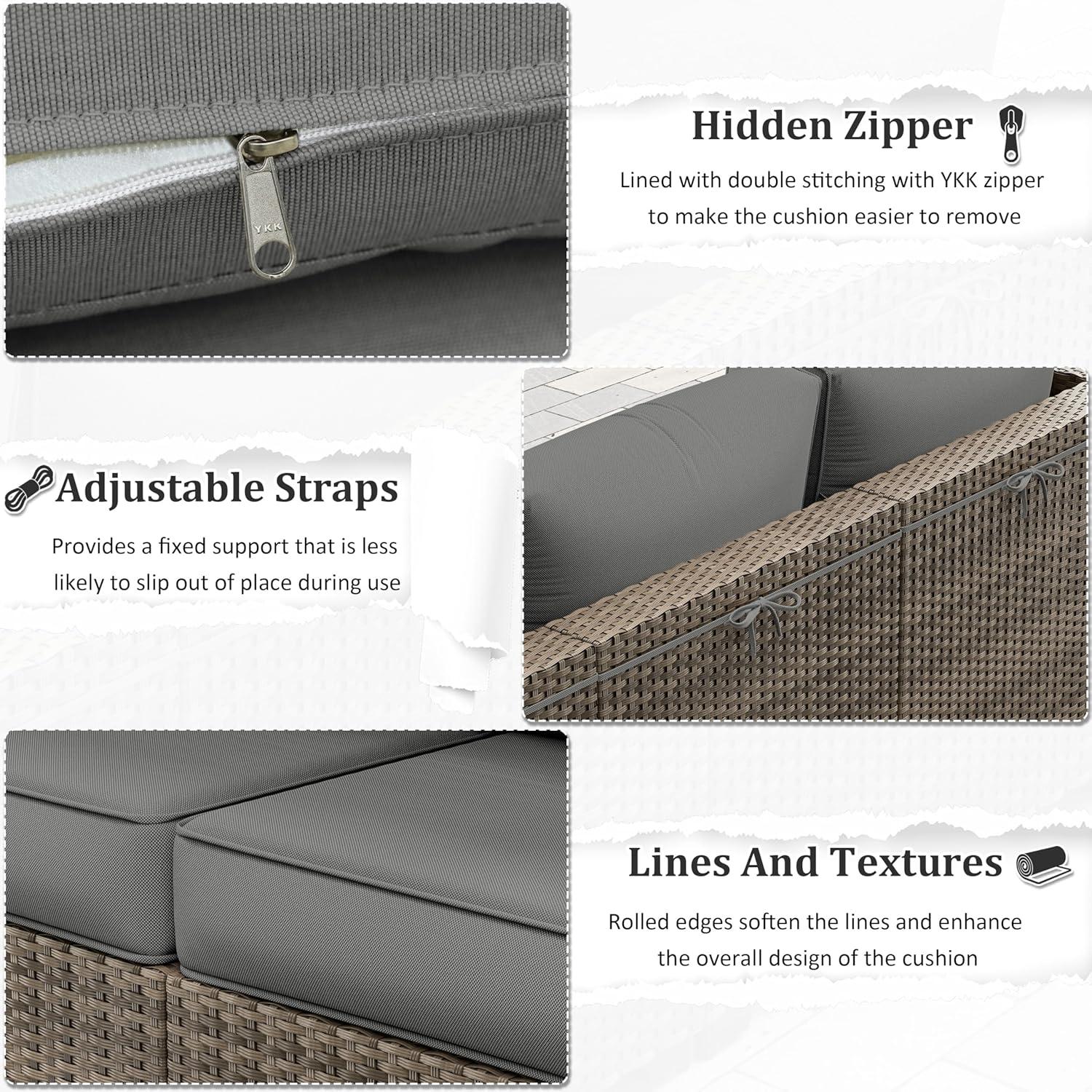 Kimunuk 14 Piece Outdoor Furniture Replacement Cushions, 5" Foam Foam High-Density, Fits 6-Seat Sectional Rattan Conversation Set, Patio Water-Resistant Sofa Cushions, Light Grey