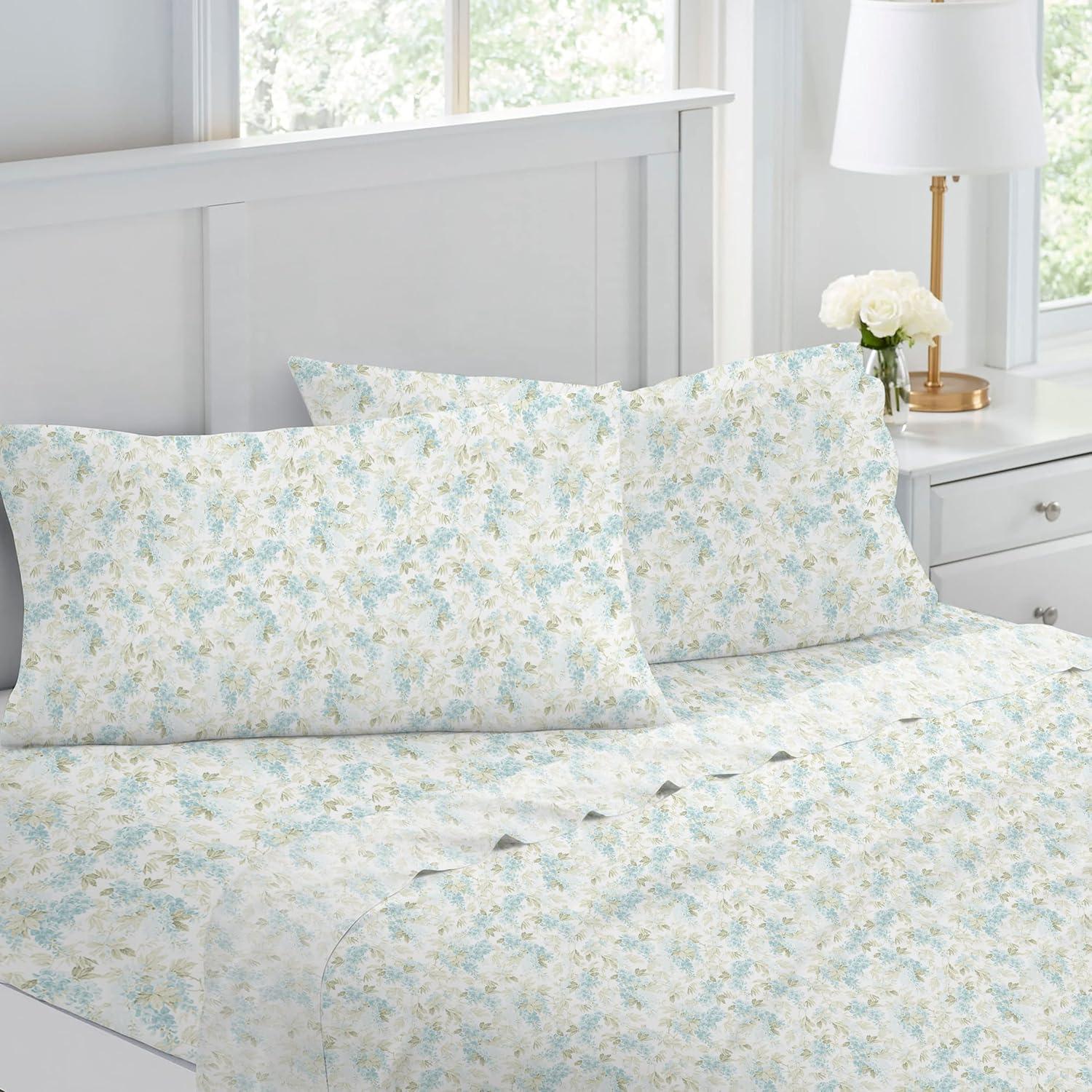 Rena Blue Floral Cotton Sateen Queen Sheet Set