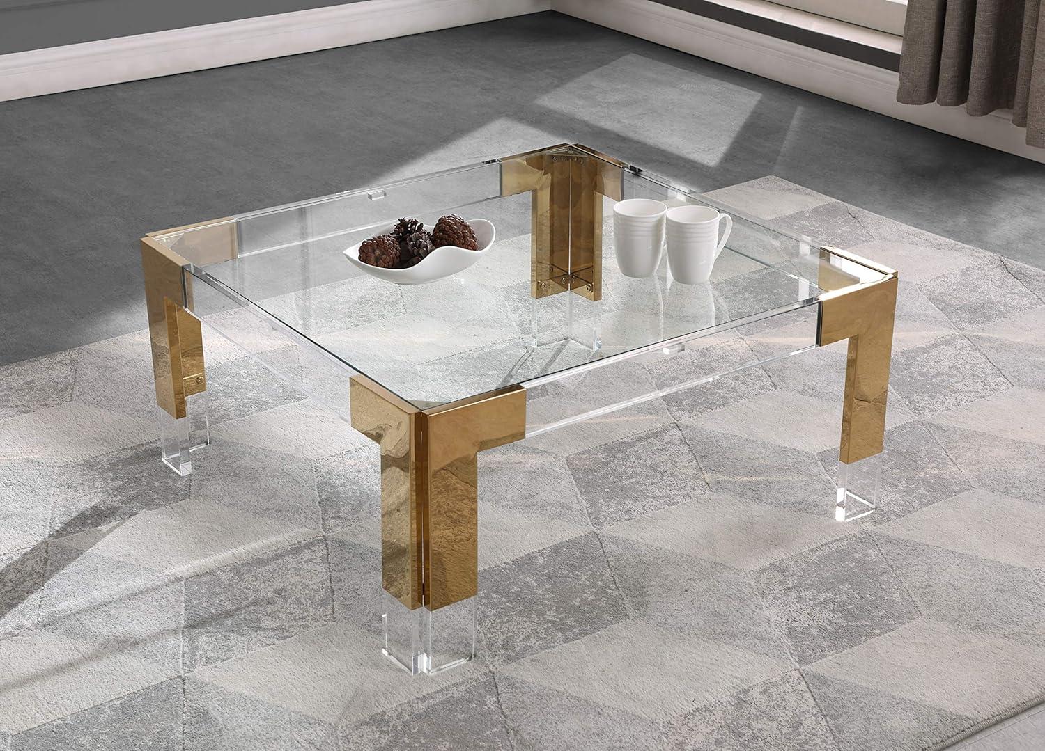 Casper Square Gold Metal and Glass Coffee Table with Storage