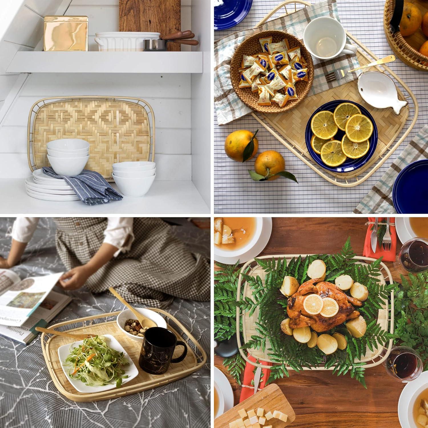PEMAR Set of 4 Bamboo Wicker Serving Trays for Foods & Drinks, Rectangular Breakfast Lap Trays with Handles Wooden Decorative Platters for Coffee Table, Bed Eating