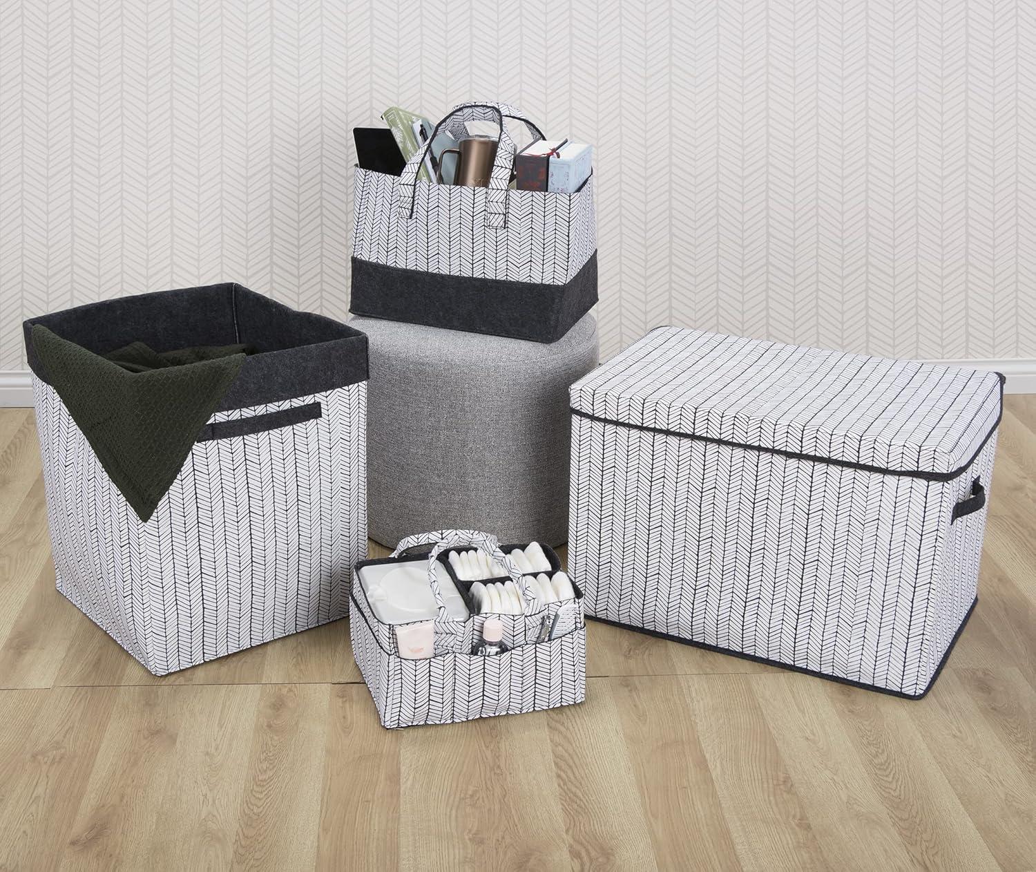 Gray and White Herringbone Felt Toy Storage Chest