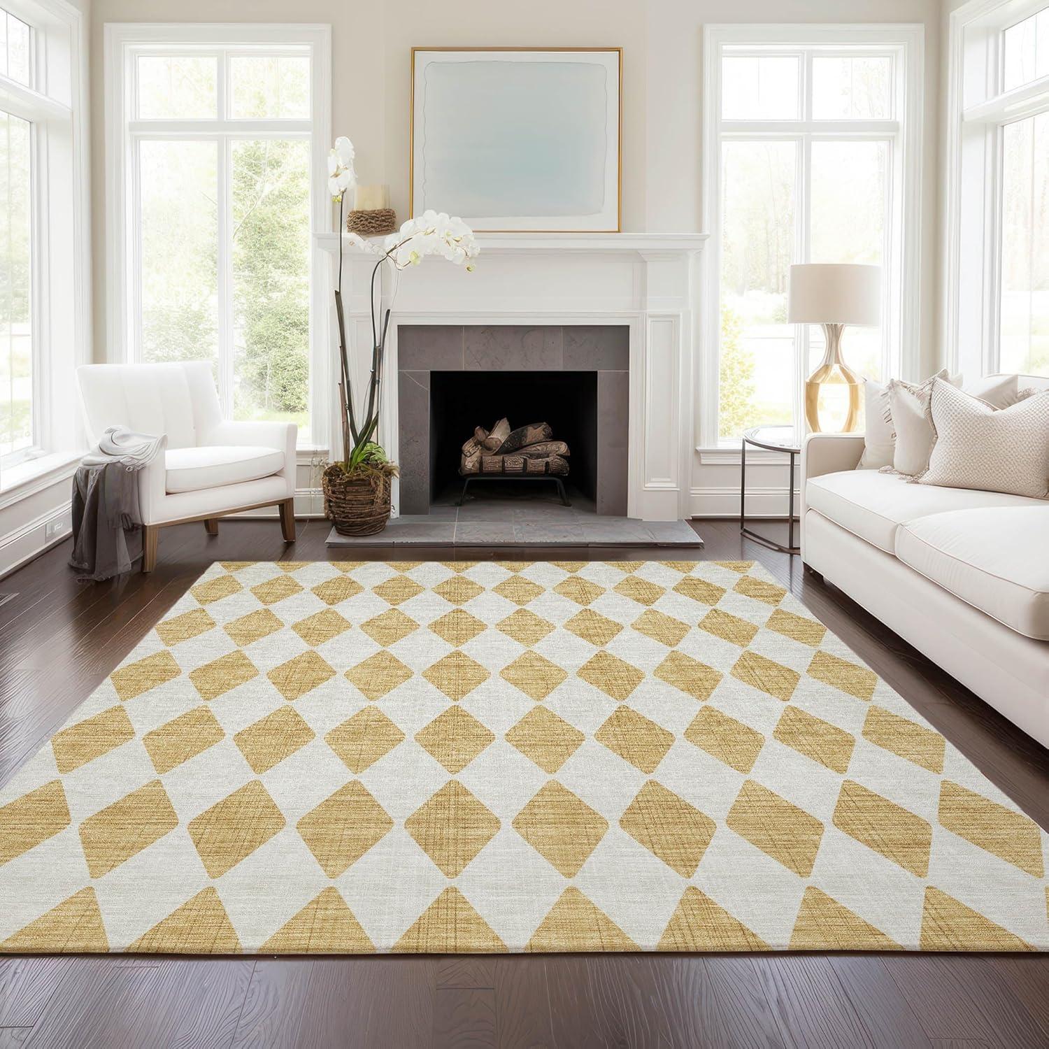 Gold and White Diamond Pattern Washable Synthetic Rug