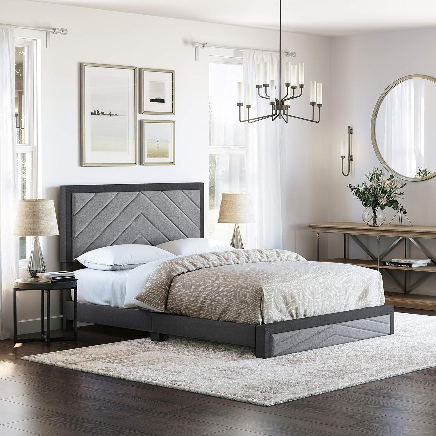 Boyd Sleep Barcelona Linen or Faux Leather Upholstered Platform Bed Frame with Adjustable Headboard, Heavy Duty Slat Support System, No Box Spring Required - Boyd Sleep
