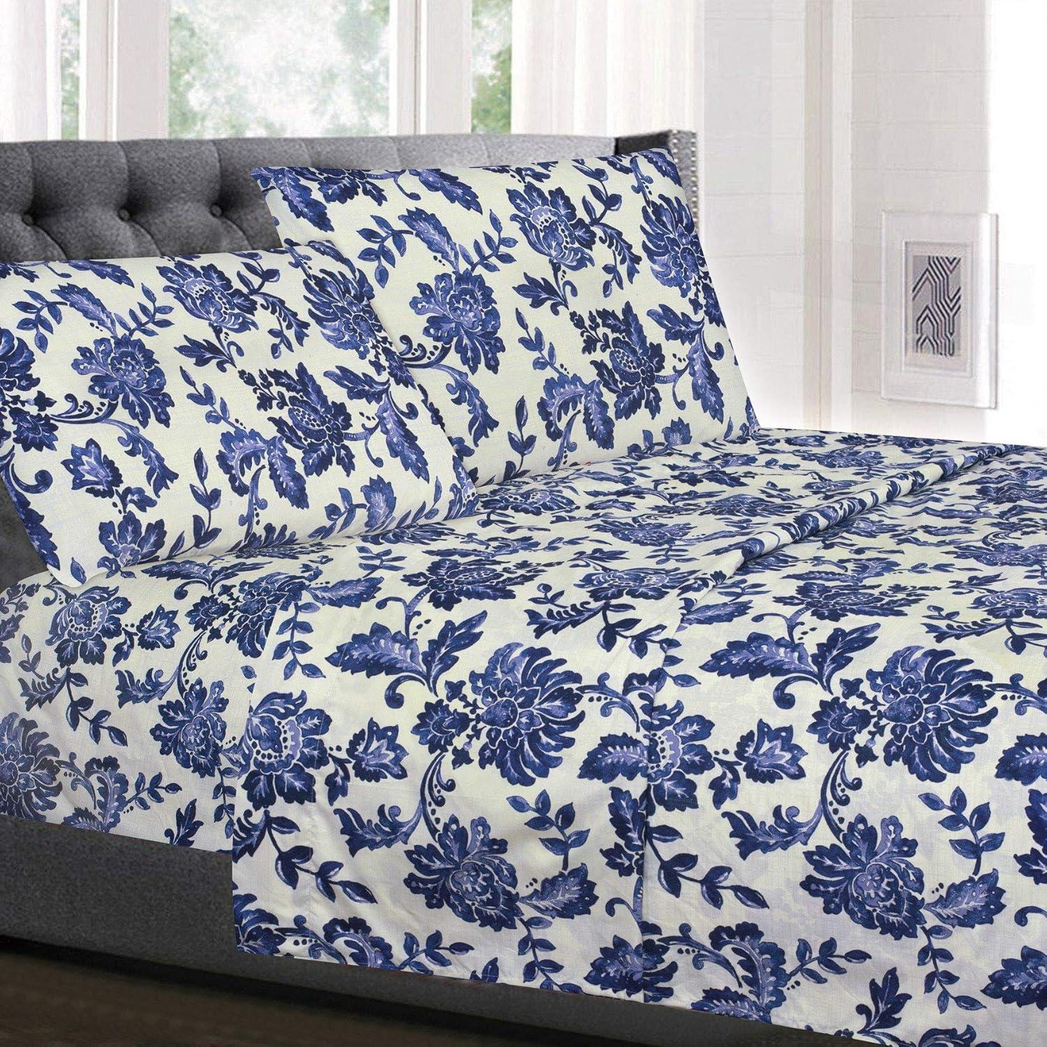 White and Navy Floral Microfiber Deep Pocket Sheet Set