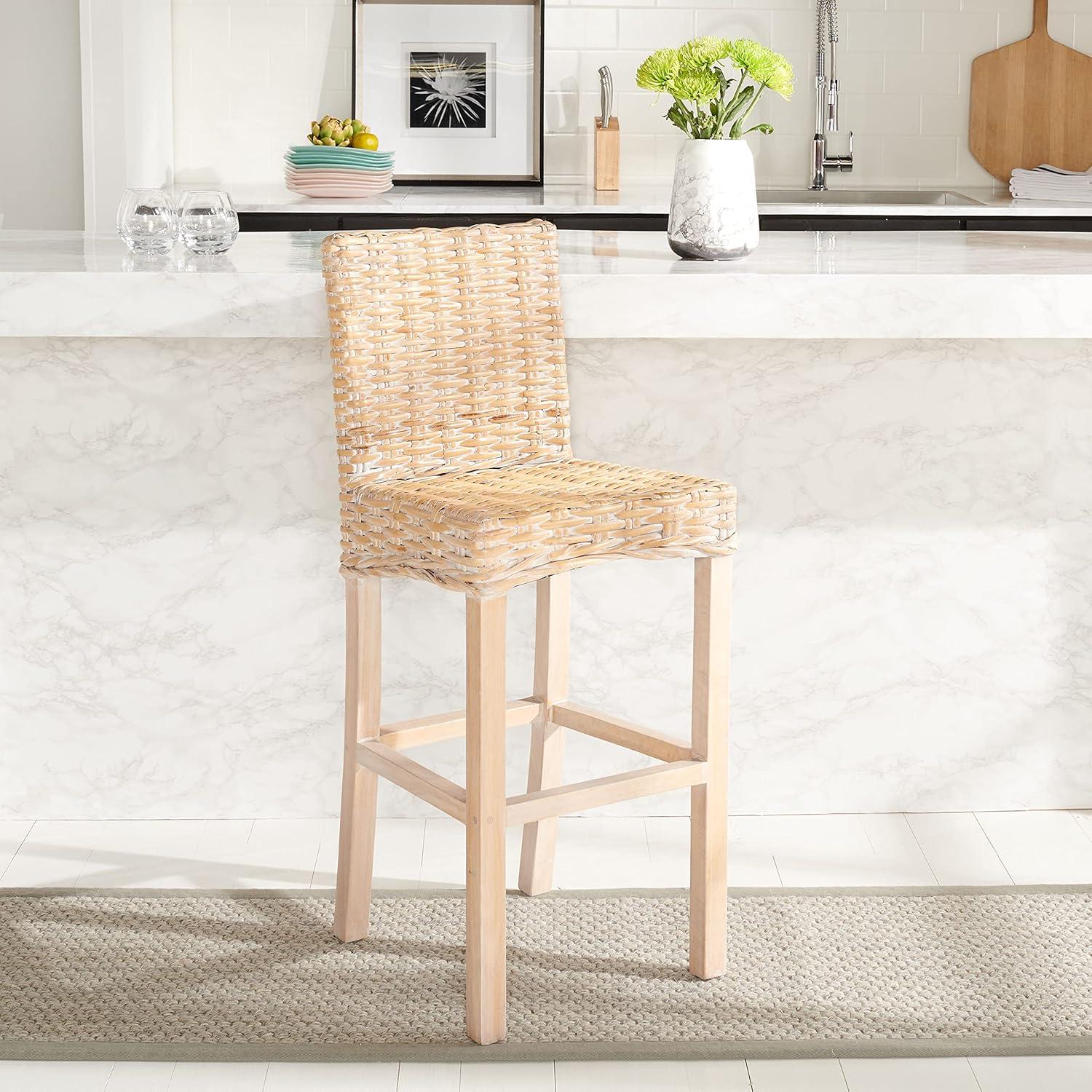 Tobie Rattan Bar Stool - White Washed - Safavieh