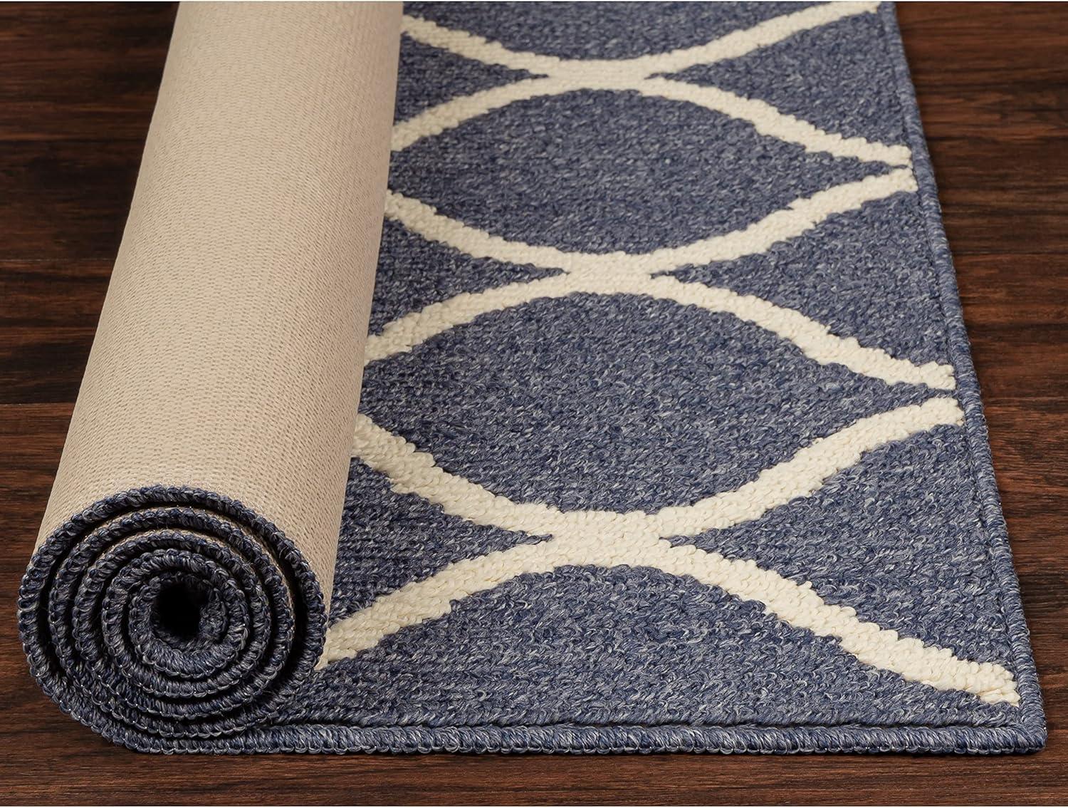 Indigo Blue Geometric Tufted Runner Rug with Non-Slip Backing