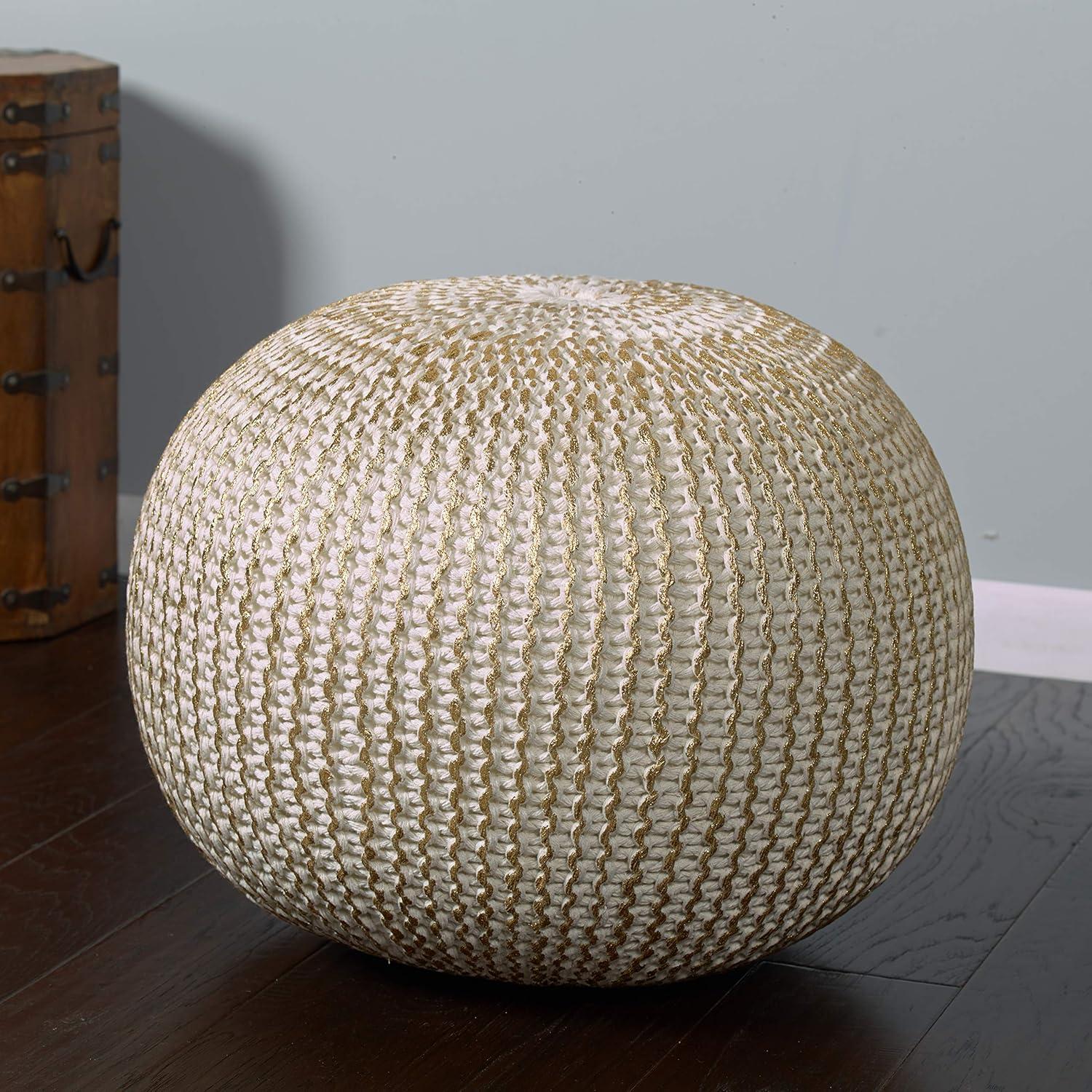 Ox Bay Caitlin Round Solid Print Hand Knitted Cotton Indoor Pouf, White