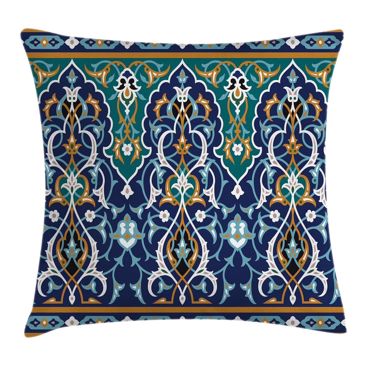 Moroccan Throw Pillow Cushion Cover, Ethnic Oriental Figure Petals Hippie Vintage Tribal Mosaic Design, Decorative Square Accent Pillow Case, 24 X 24 Inches, Blue Mustard, by Ambesonne