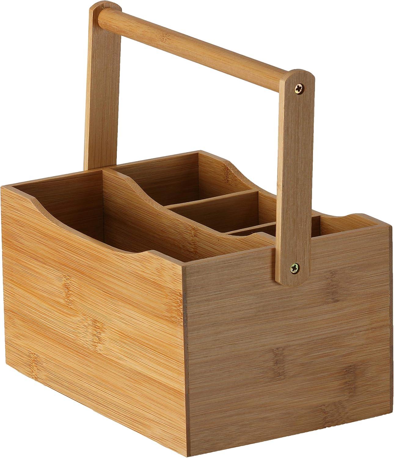 Cortesi Home Kira Natural Bamboo Cutlery Caddy Tabletop Holder with Handle and 4 Compartments