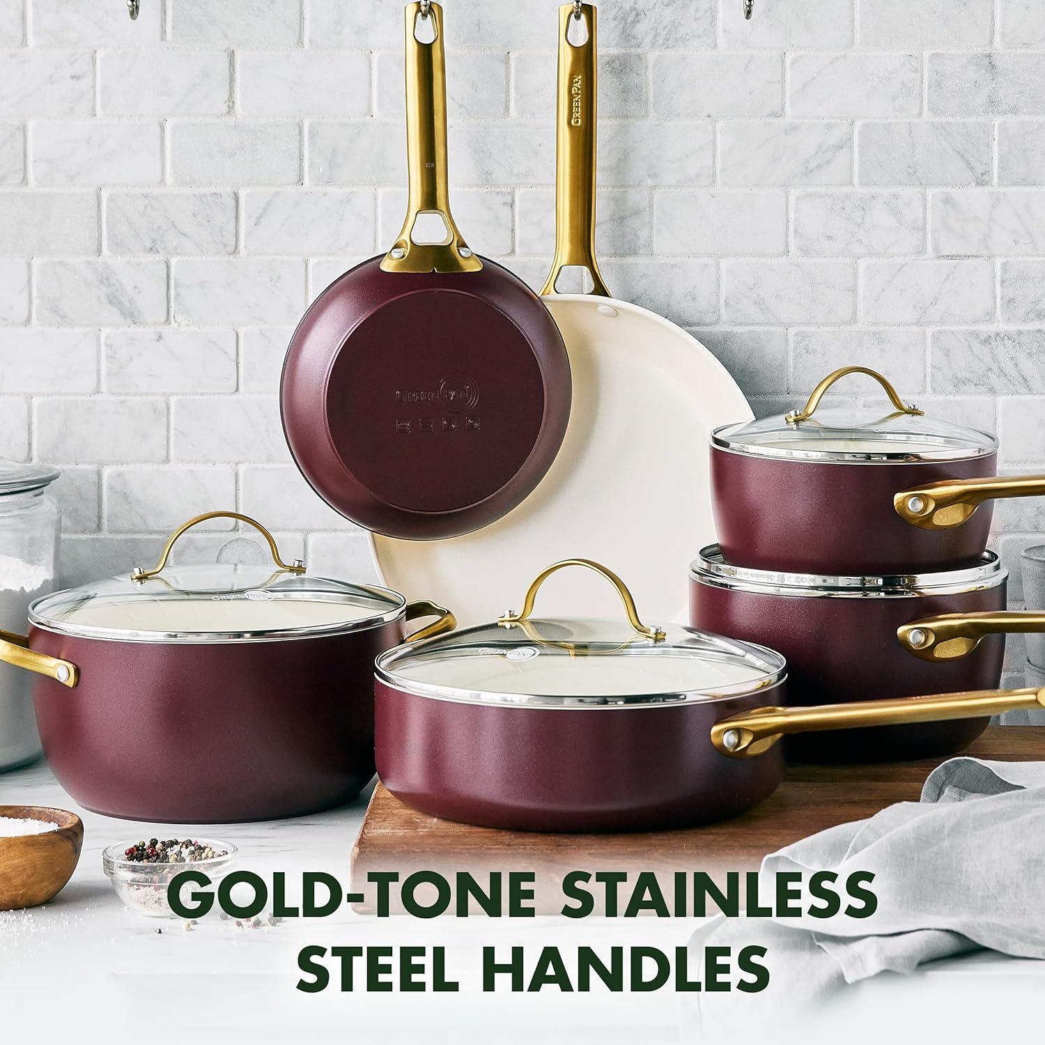 GreenPan Reserve Ceramic Nonstick 10-Piece Cookware Set | Merlot with Gold-Tone Handles