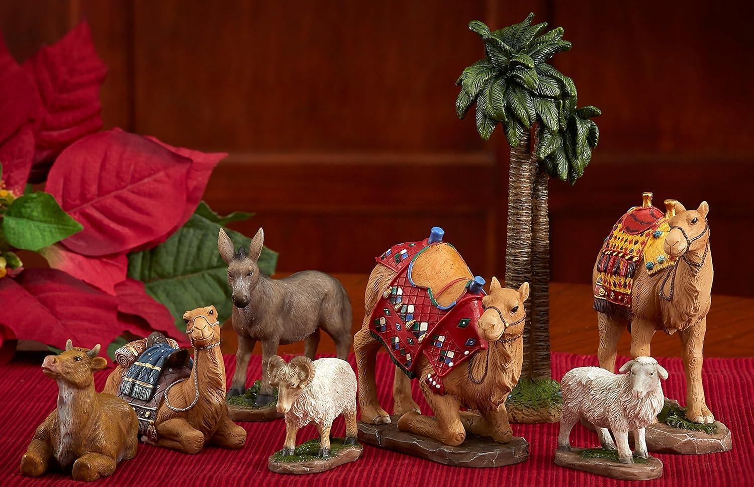 Three Kings Gifts Nativity Set for Christmas Indoor 23 Piece 5 Inch Figures with Lighted Stable, Palm Tree and Chests of Gold, Frankincense and Myrrh