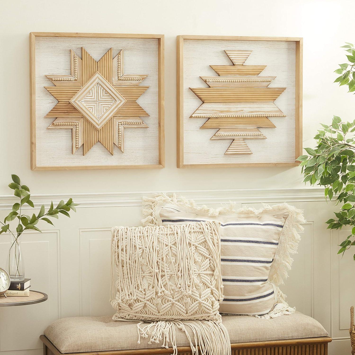 Rustic Brown and White Wood Beaded Geometric Wall Decor Set