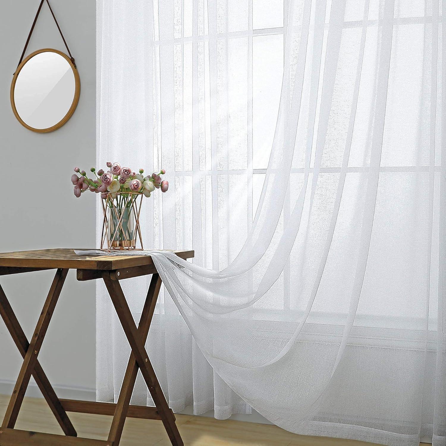 White Linen Semi-Sheer Light-Filtering Rod Pocket Curtains, 63" Length