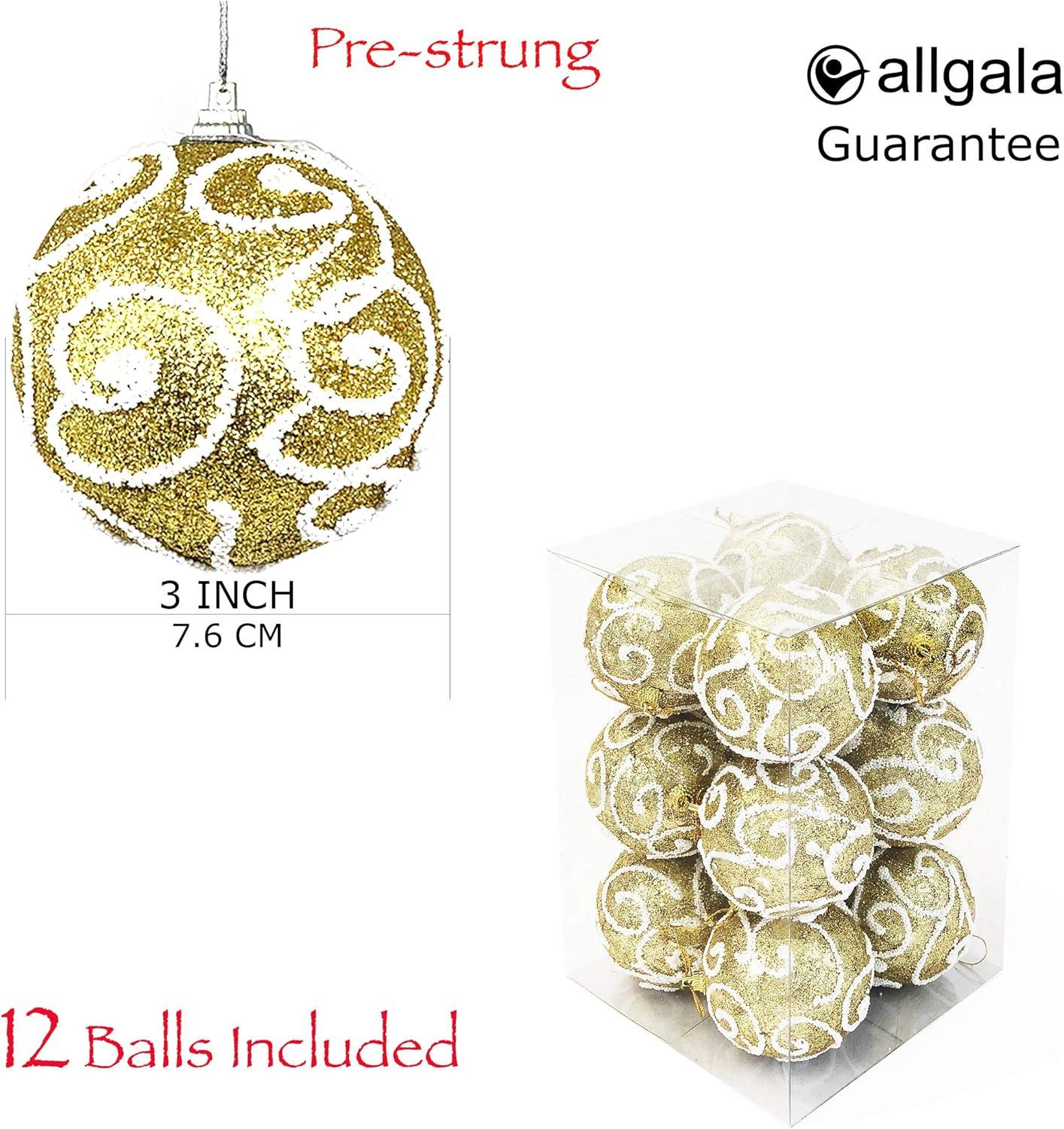 Allgala 12 Pack 3 Inch Christmas Tree Ornament Balls-Glitter Decorated Foam Large Xmas Ball-Gold